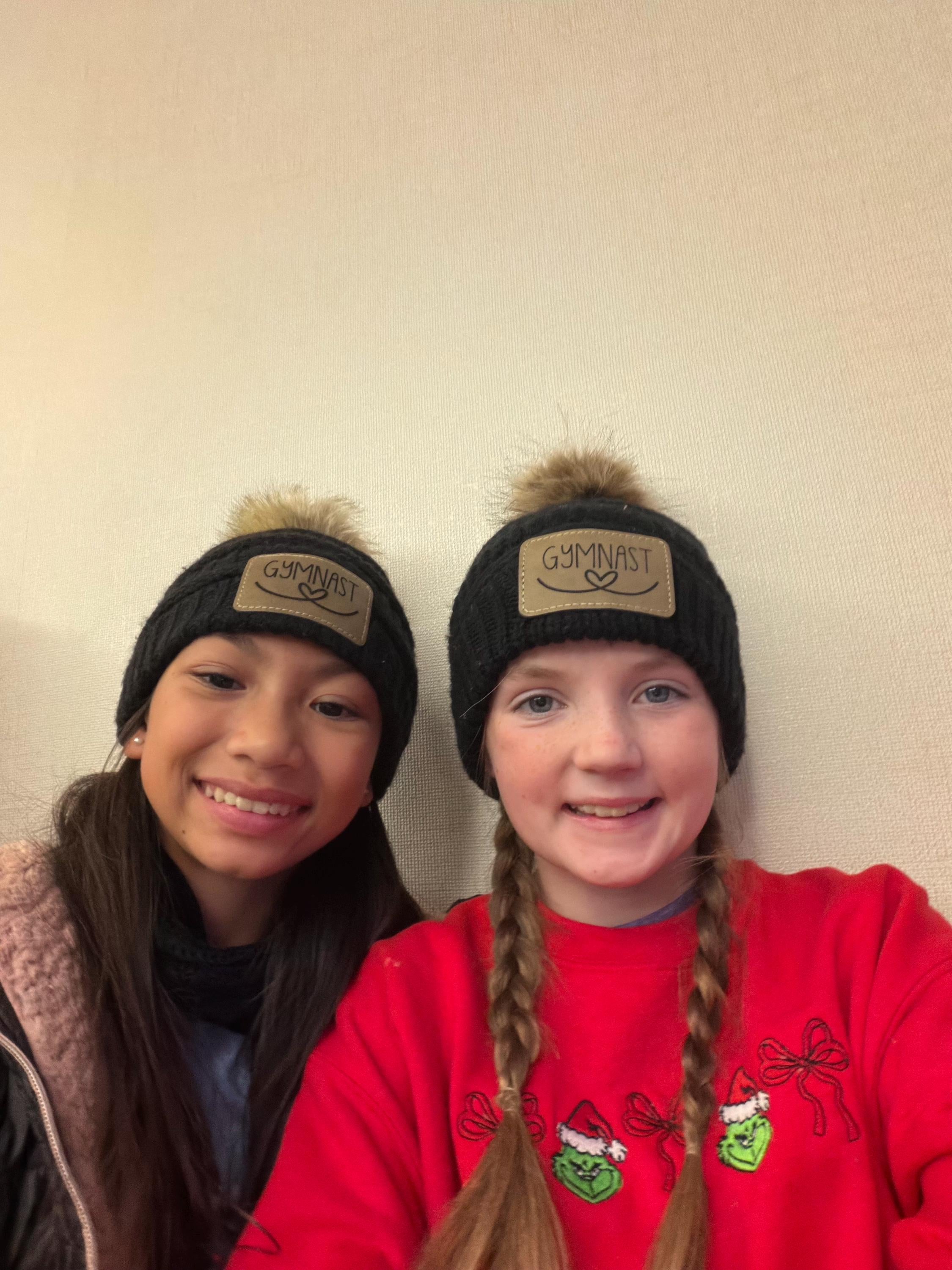 Personalized Beanie - Kids Beanie - Leather Patch - Gymnastics - Engraved Matching Beanie - Faux Leather Patch - Girls Pom Pom Beanie
