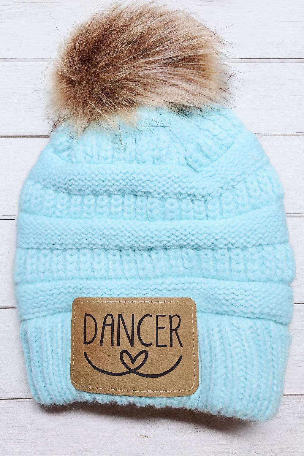Personalized Beanie - Kids Beanie - Leather Patch - Dance Gift - Engraved Matching Beanie - Faux Leather Patch - Girls Pom Pom Beanie