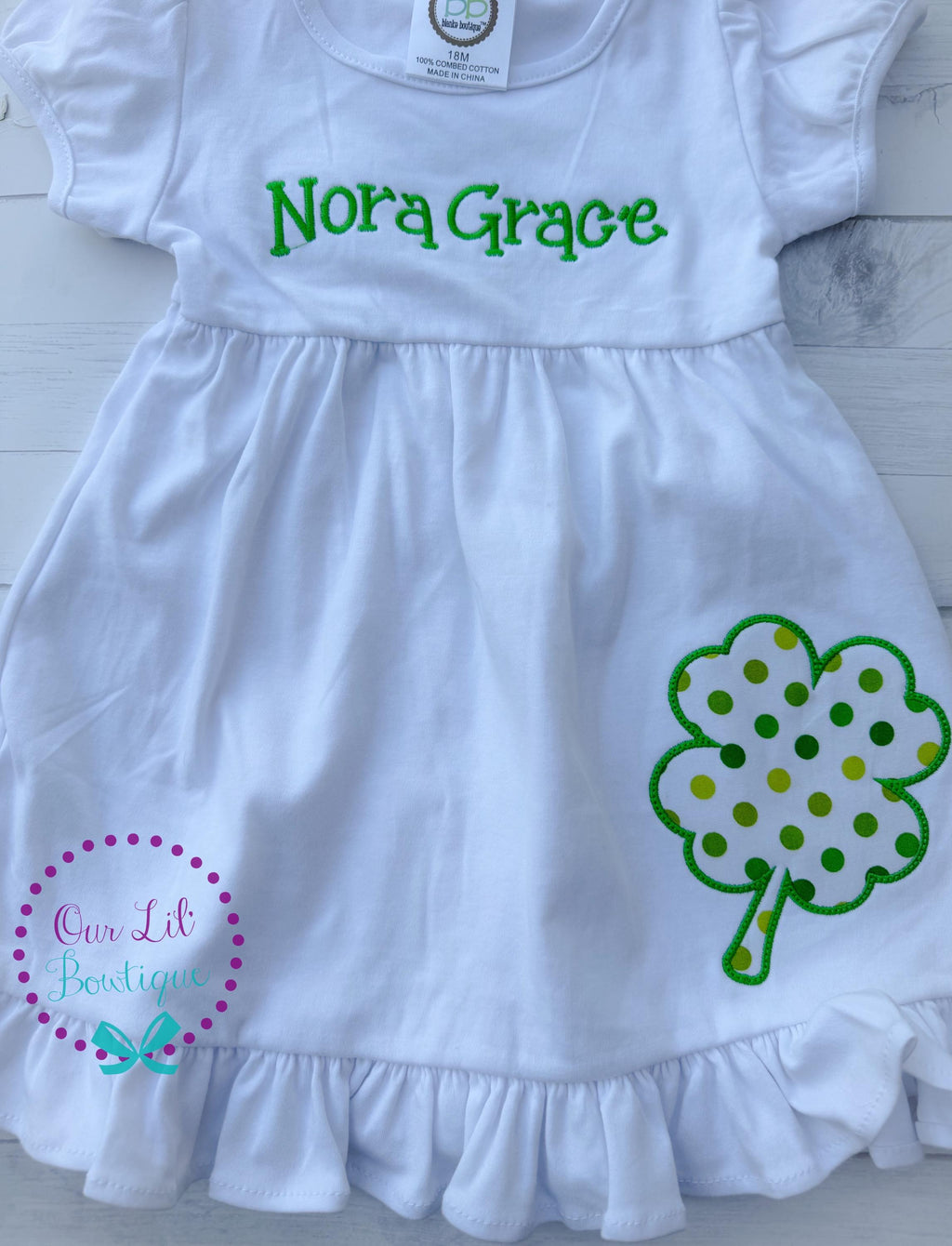 Girls St. Patrick's Day Dress: Four Leaf Clover Applique, Monogram Option