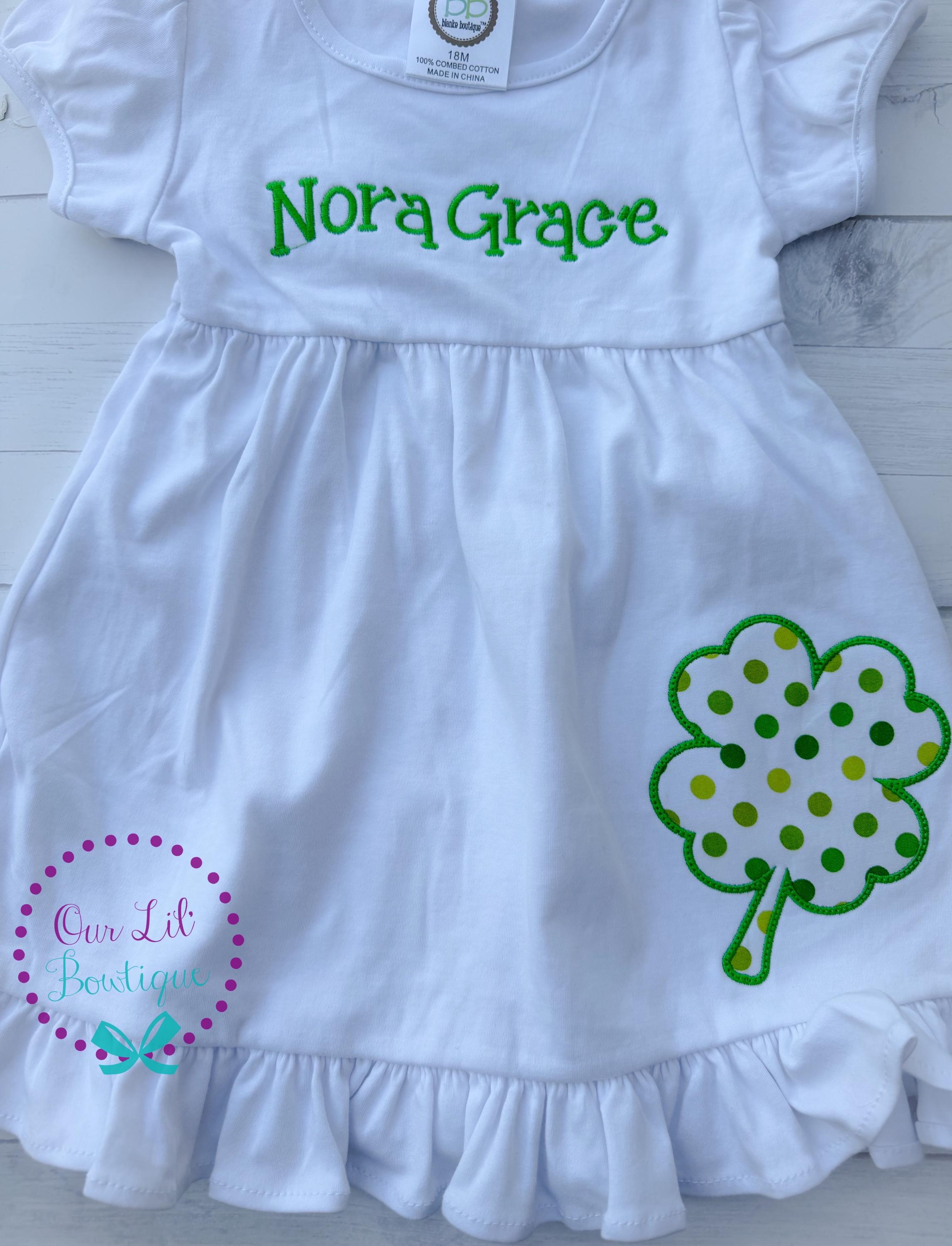 Girls St. Patrick's Day Dress: Four Leaf Clover Applique, Monogram Option