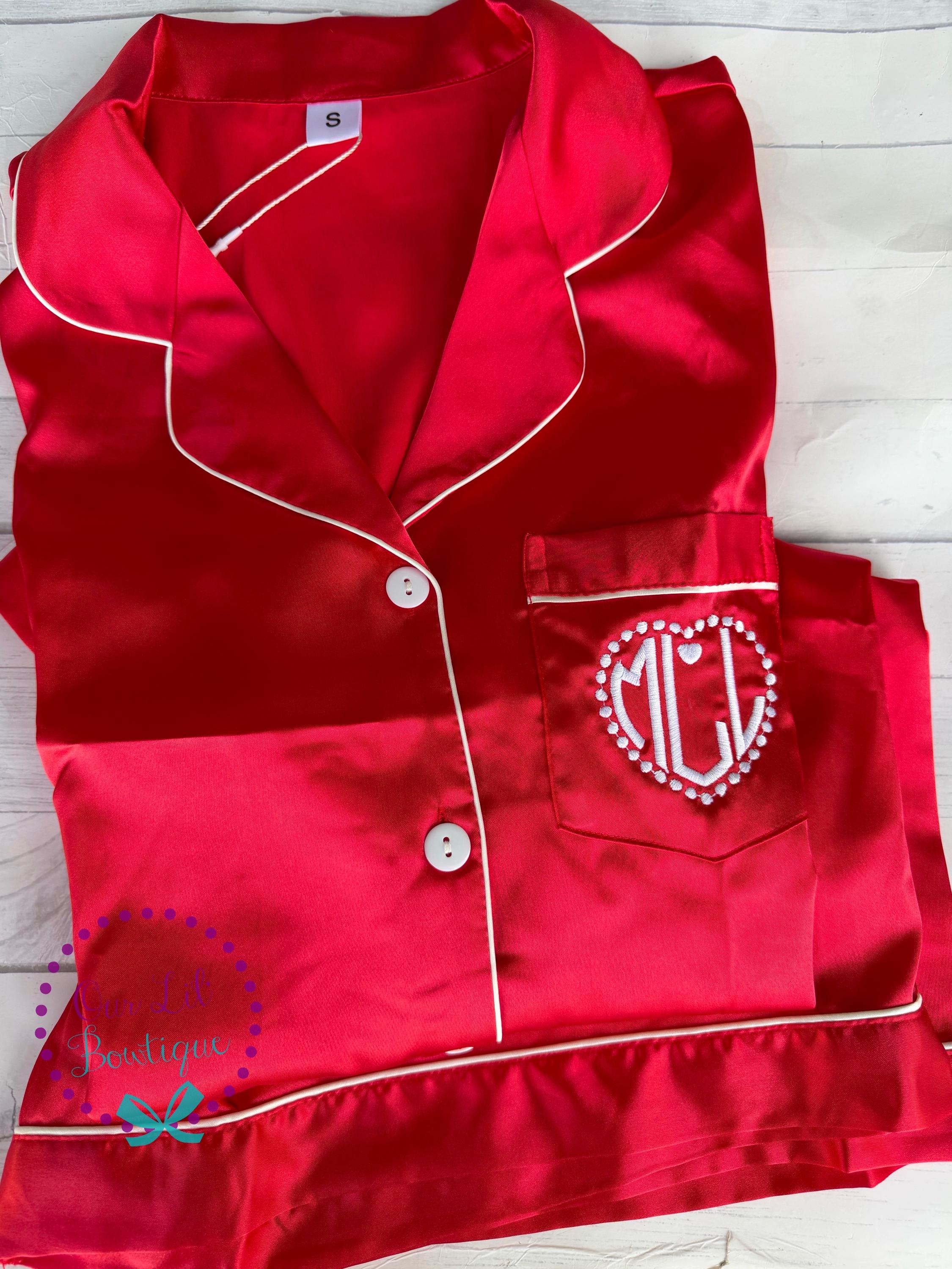 Heart Personalized Pajamas - Silk Pajamas - Silk PJs- Birthday PJs - Valentine Pajamas