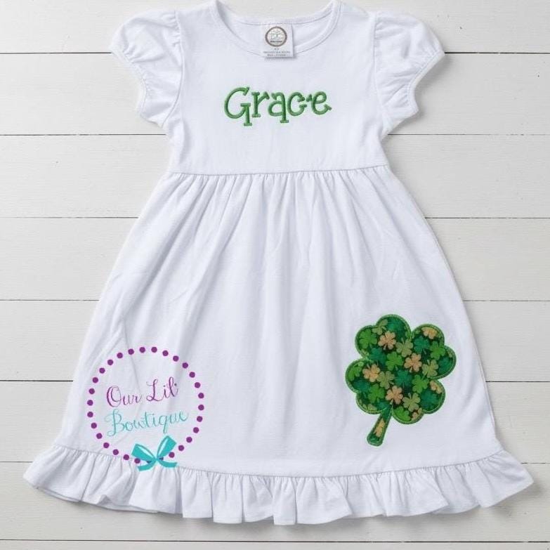 Girls St. Patrick's Day Dress: Four Leaf Clover Applique, Monogram Option