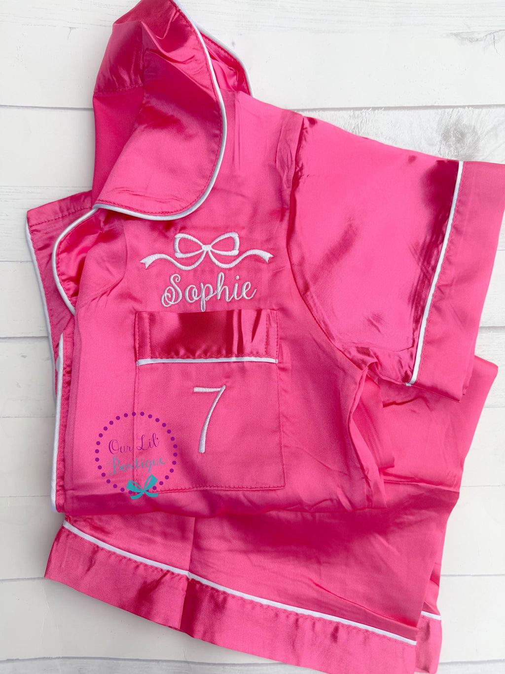 Bow Personalized Pajamas - Silk Pajamas - Kids PJs - Birthday PJs- Personalized Birthday Shirt - Valentine Pajamas