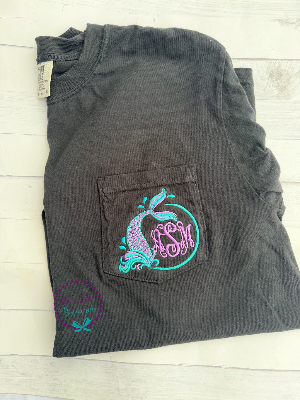 Women's Embroidered Mermaid Pocket Tee - Comfort Colors Monogram Shirt - Mermaid Tail Shirt