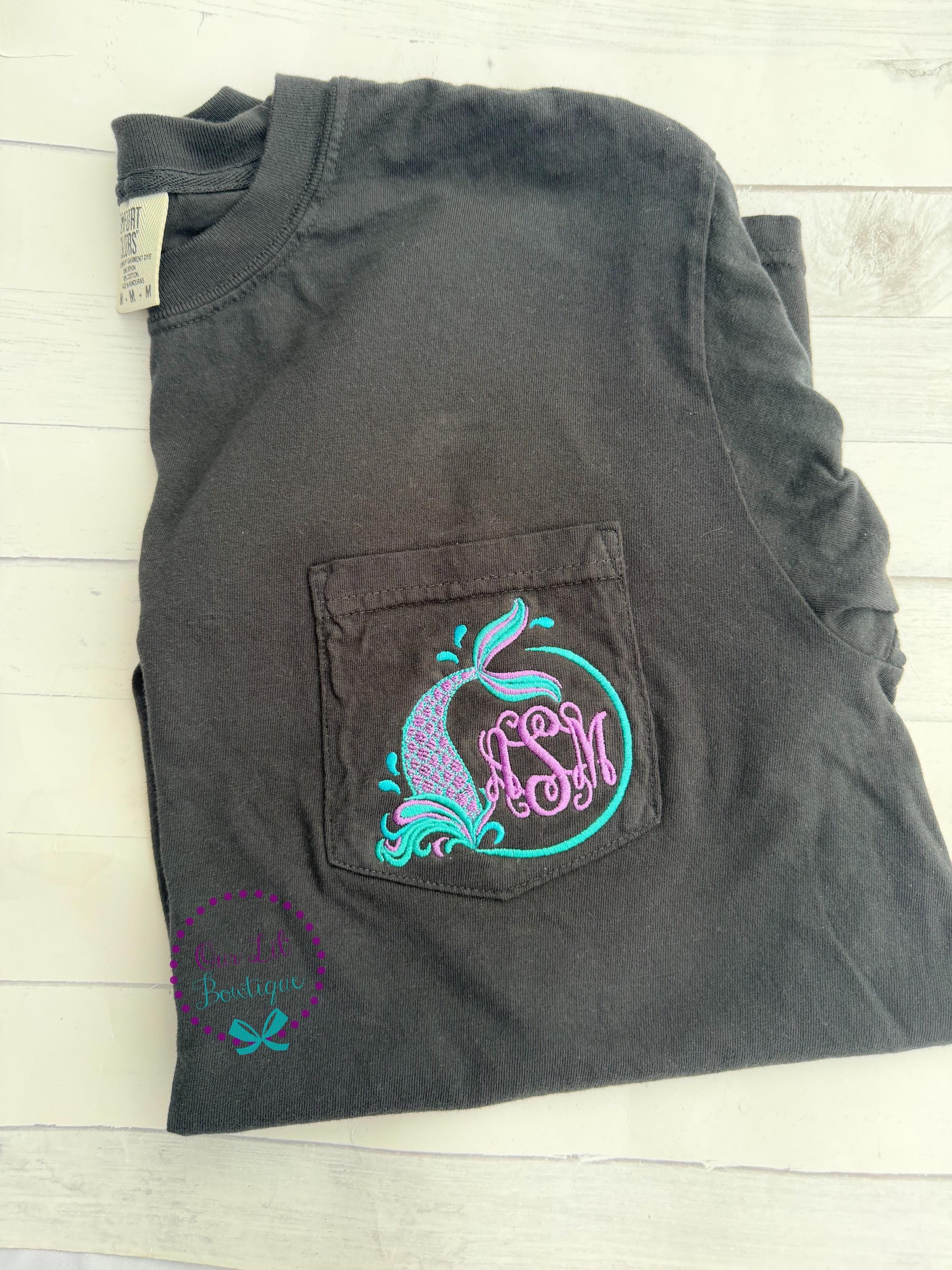 Women's Embroidered Mermaid Pocket Tee - Comfort Colors Monogram Shirt - Mermaid Tail Shirt