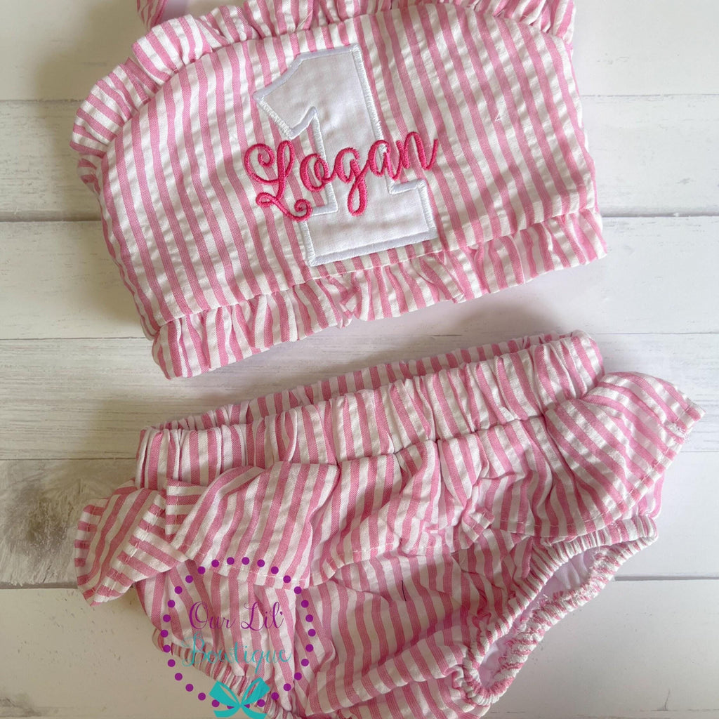 Monogrammed Seersucker Bathing Suit: Baby Toddler Swimsuit - Birthday Bathing Suit