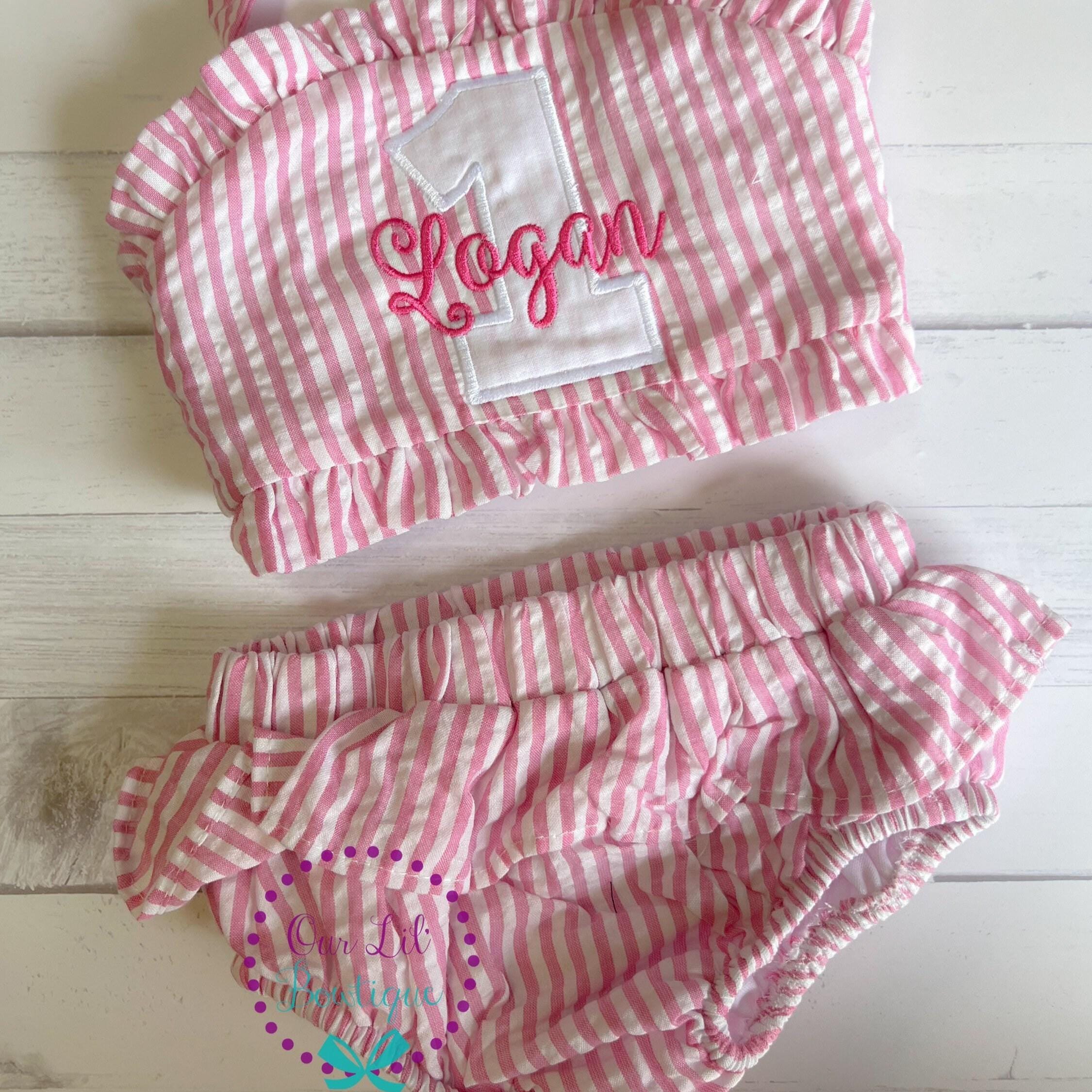 Monogrammed Seersucker Bathing Suit: Baby Toddler Swimsuit - Birthday Bathing Suit