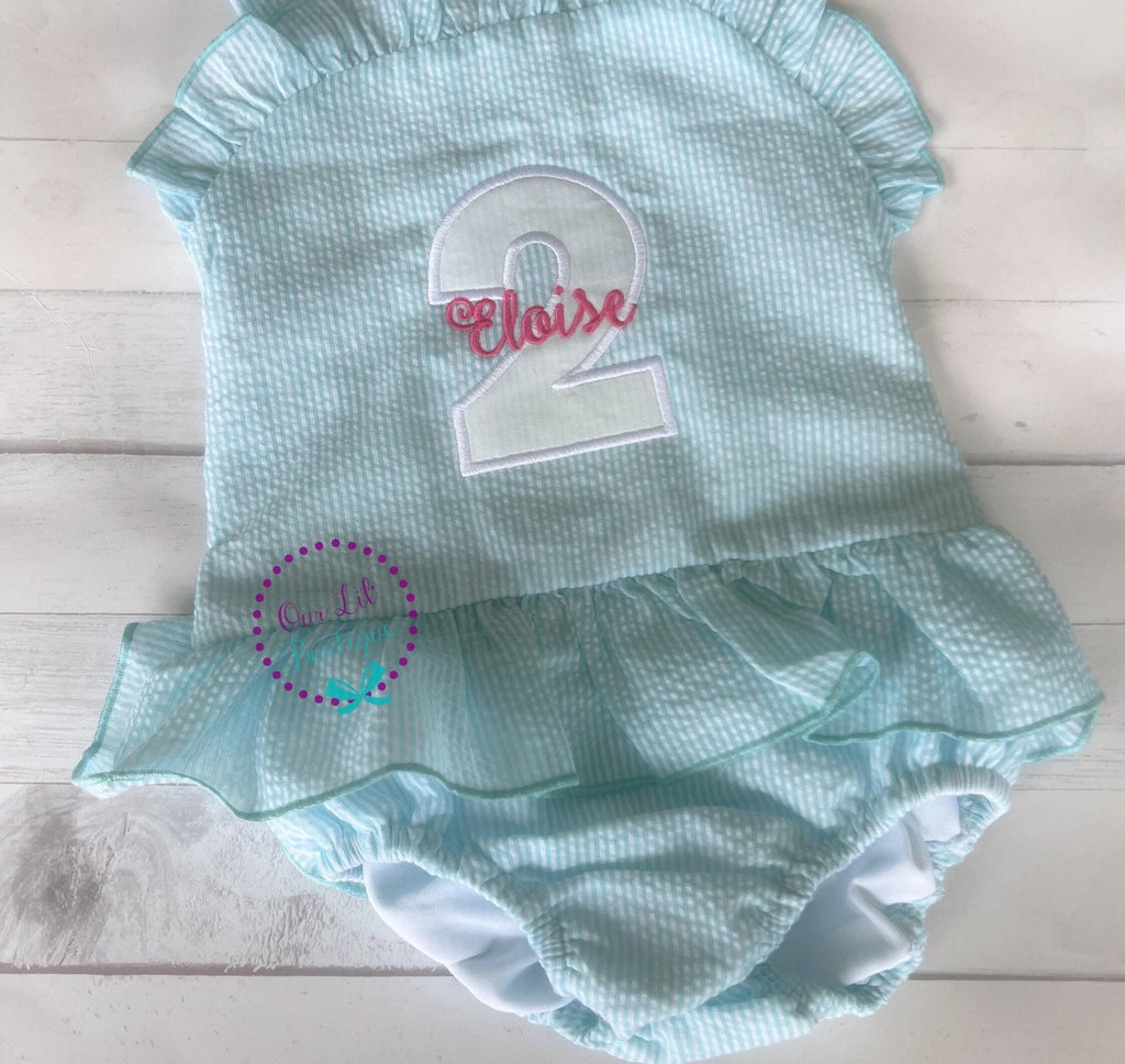 Monogrammed Seersucker Bathing Suit: Baby Toddler Swimsuit - Birthday Bathing Suit