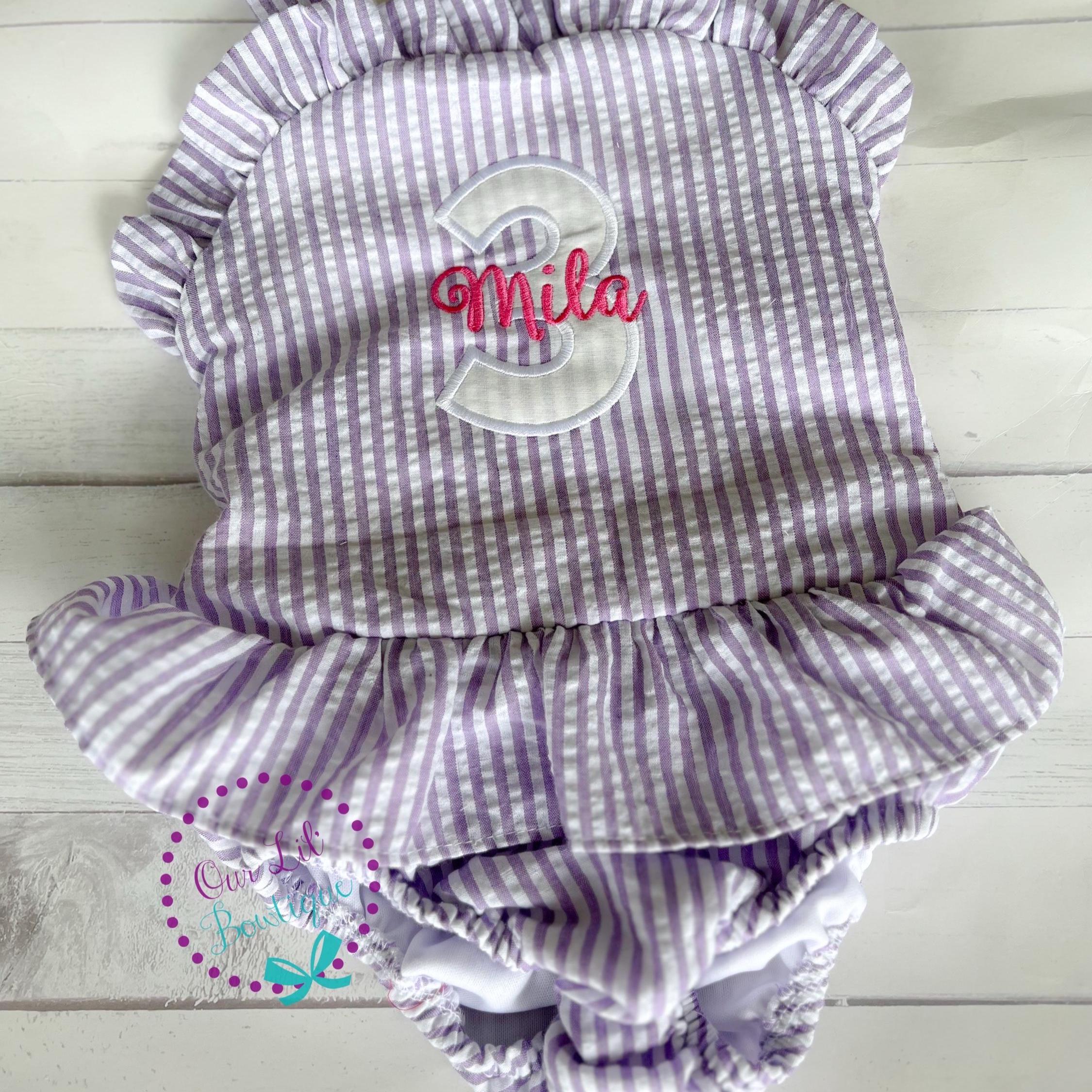 Monogrammed Seersucker Bathing Suit: Baby Toddler Swimsuit - Birthday Bathing Suit