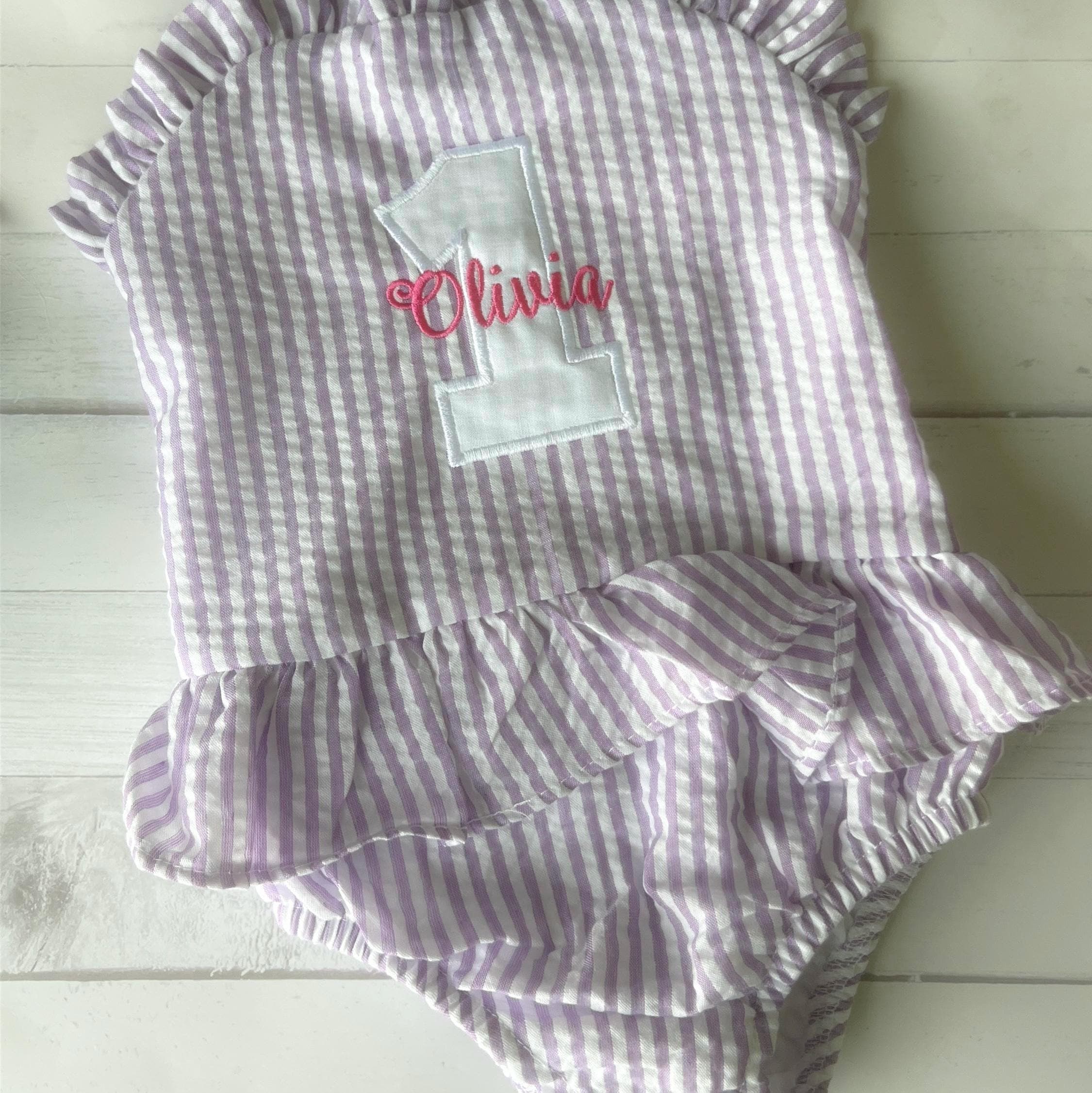 Monogrammed Seersucker Bathing Suit: Baby Toddler Swimsuit - Birthday Bathing Suit