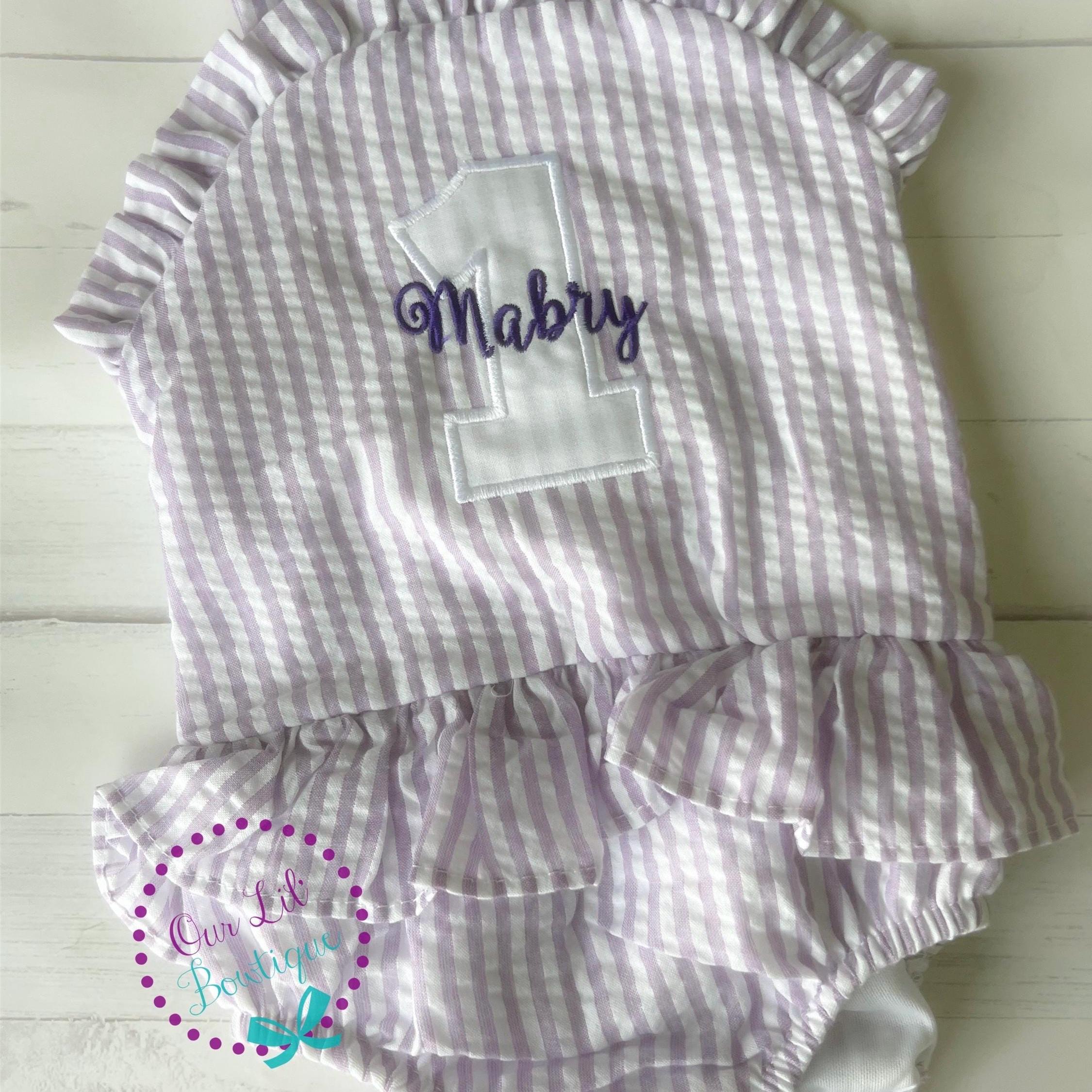 Monogrammed Seersucker Bathing Suit: Baby Toddler Swimsuit - Birthday Bathing Suit