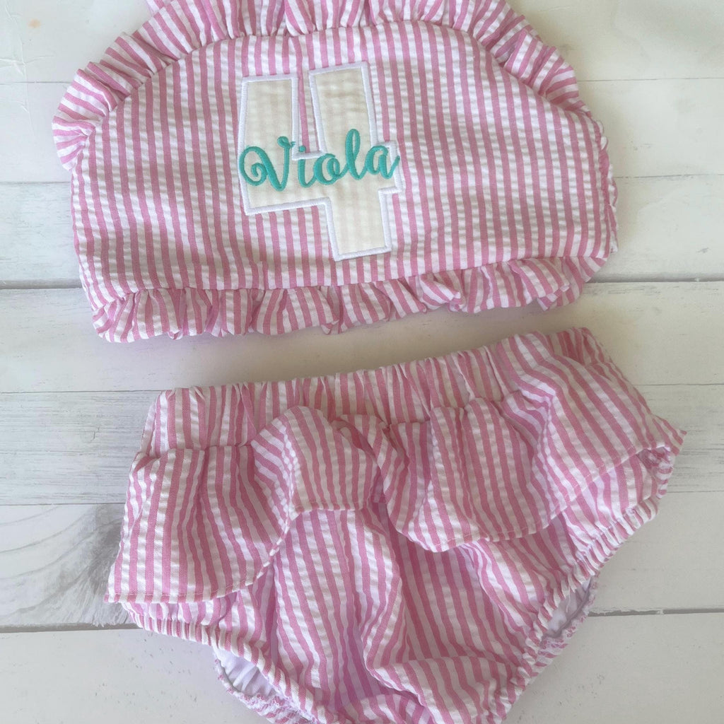Monogrammed Seersucker Bathing Suit: Baby Toddler Swimsuit - Birthday Bathing Suit