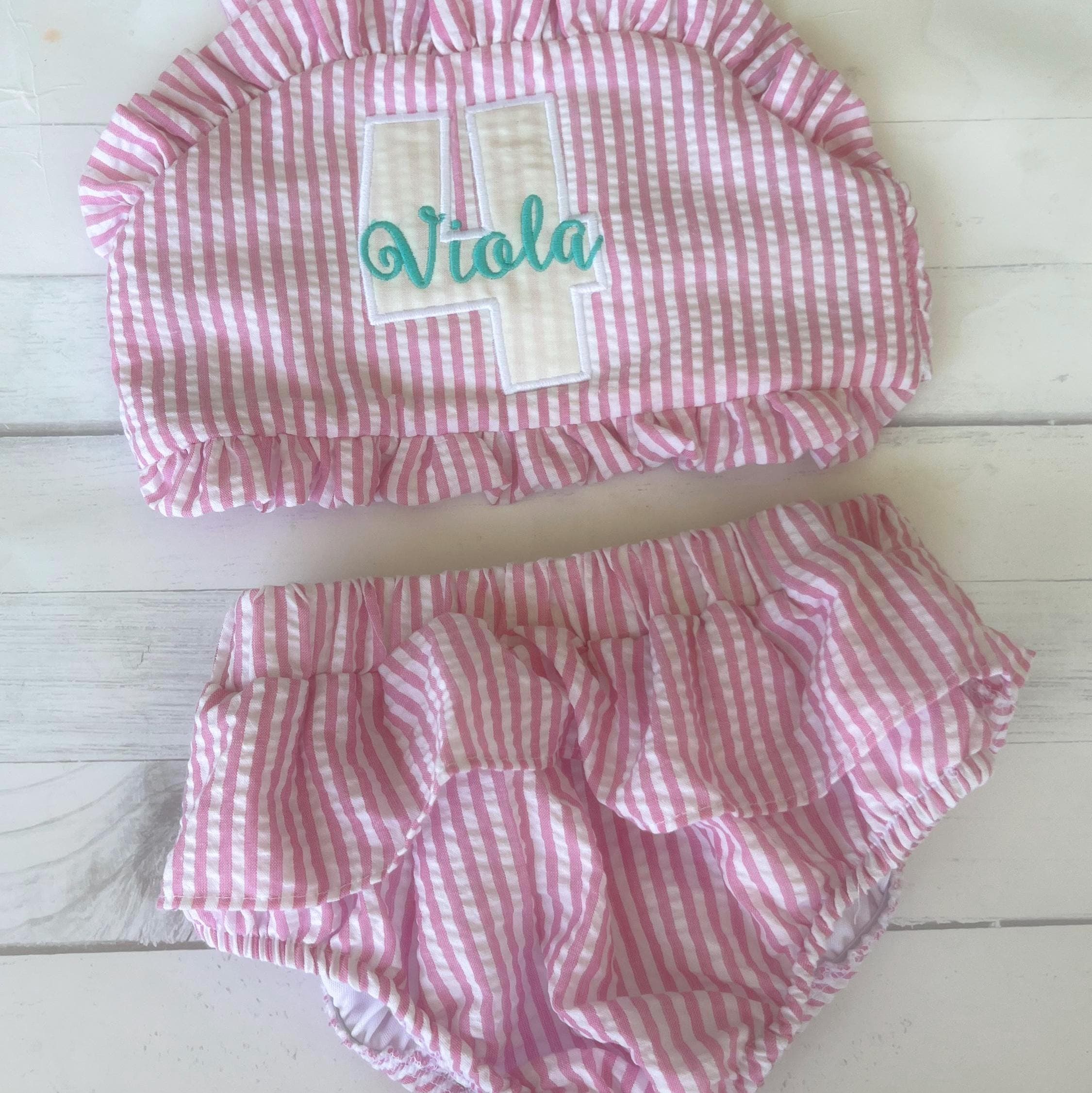 Monogrammed Seersucker Bathing Suit: Baby Toddler Swimsuit - Birthday Bathing Suit
