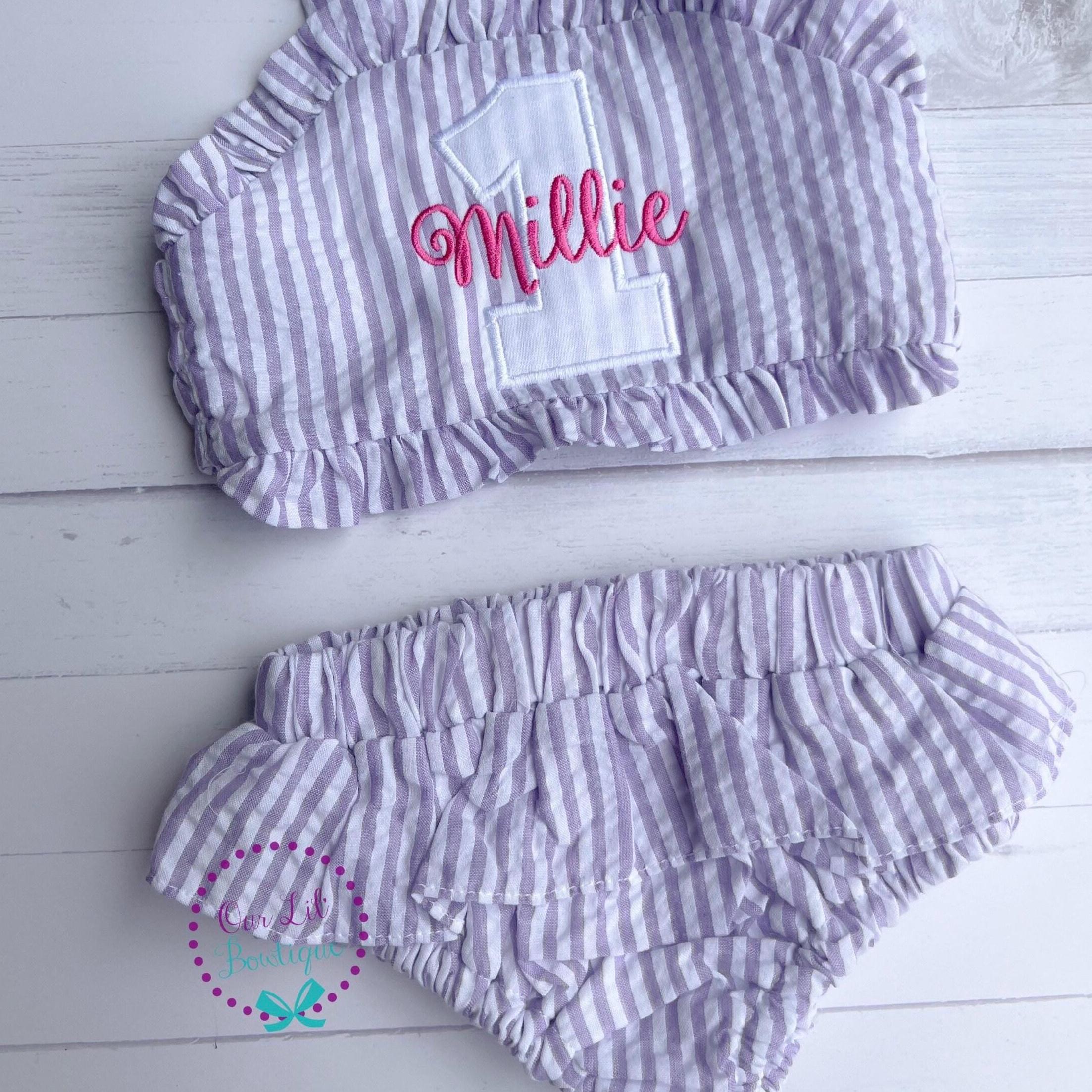 Monogrammed Seersucker Bathing Suit: Baby Toddler Swimsuit - Birthday Bathing Suit