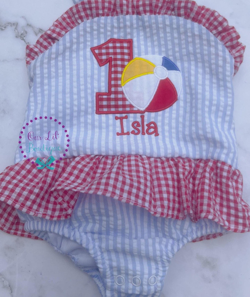 Beach Ball Bathing Suit - Monogrammed Seersucker Bathing Suit - Bathing Suit - Pool Party Bathing Suit - Gingham - One in the Sun