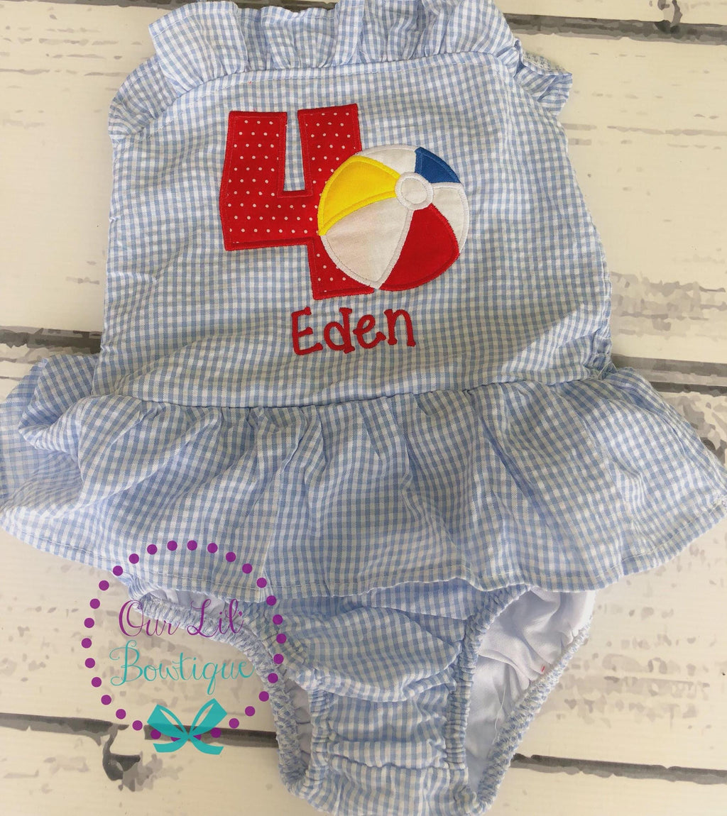 Beach Ball Bathing Suit - Monogrammed Seersucker Bathing Suit - Bathing Suit - Pool Party Bathing Suit - Gingham - One in the Sun