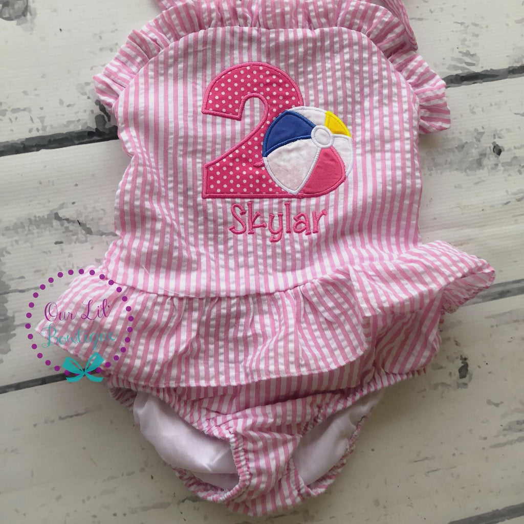 Beach Ball Bathing Suit - Monogrammed Seersucker Bathing Suit - Bathing Suit - Pool Party Bathing Suit - Gingham - One in the Sun