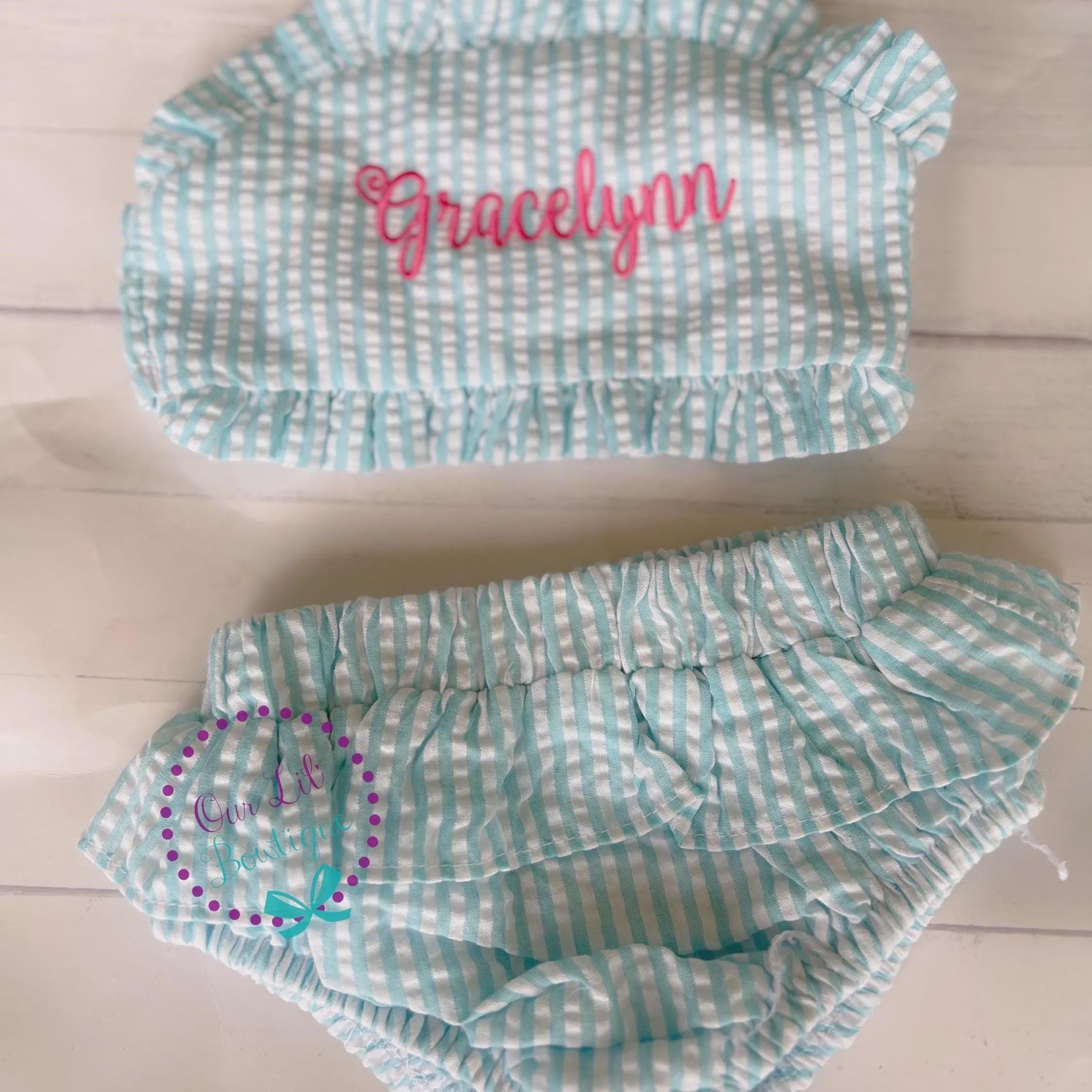 Monogrammed Seersucker Bathing Suit - Baby Toddler Swimsuit - Custom Birthday Bathing Suits - You Choose Theme