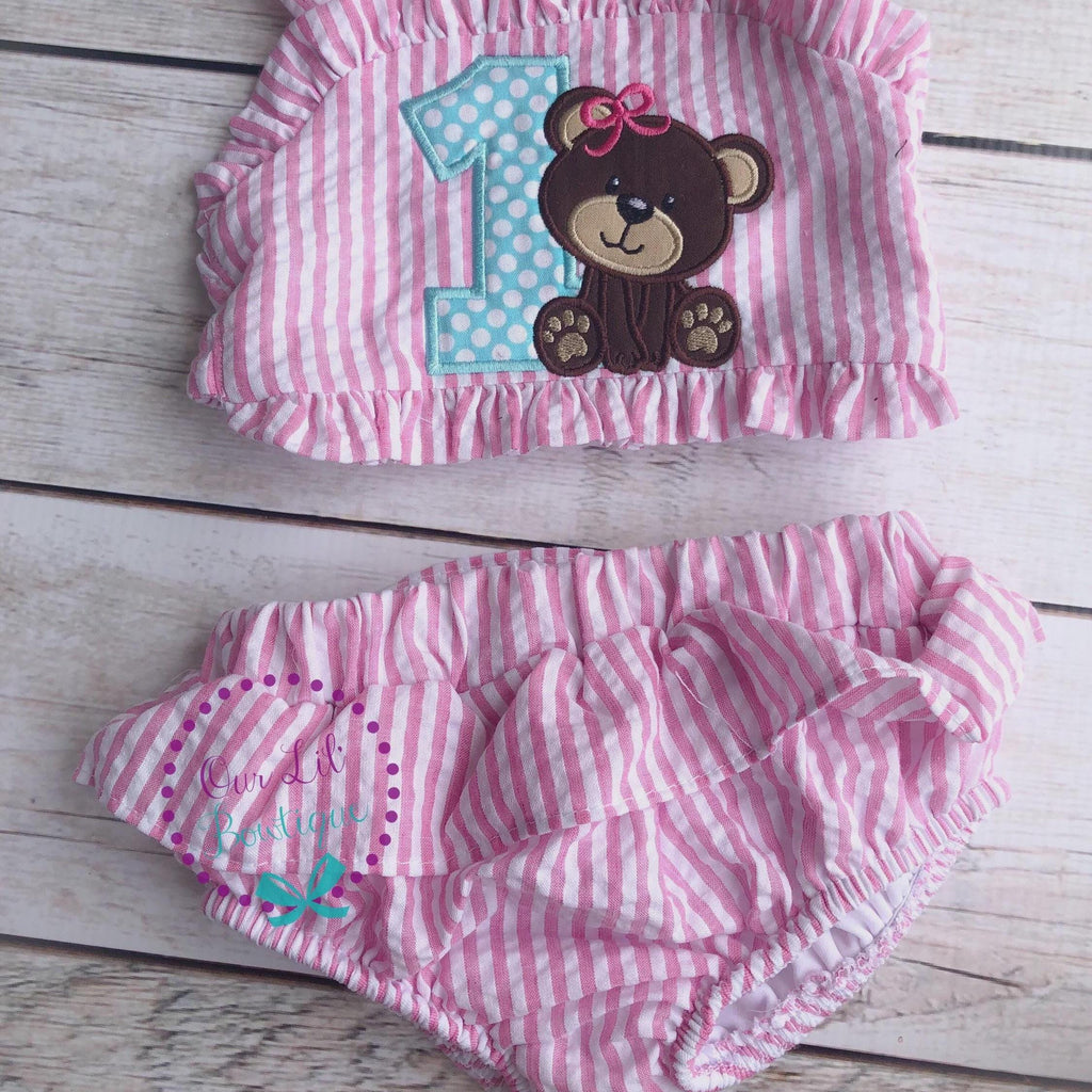 Monogrammed Seersucker Bathing Suit - Baby Toddler Swimsuit - Custom Birthday Bathing Suits - You Choose Theme