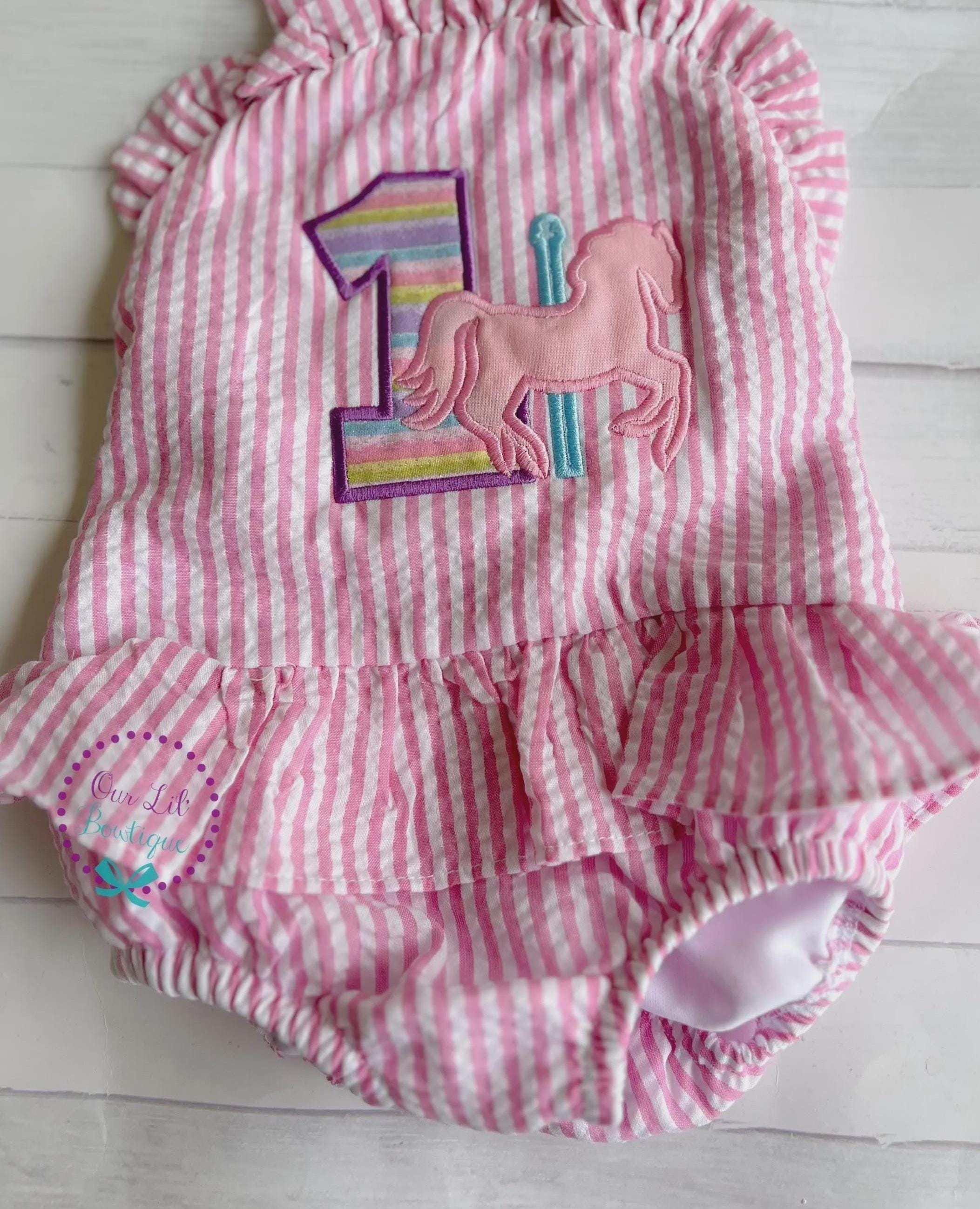 Monogrammed Seersucker Bathing Suit - Baby Toddler Swimsuit - Custom Birthday Bathing Suits - You Choose Theme