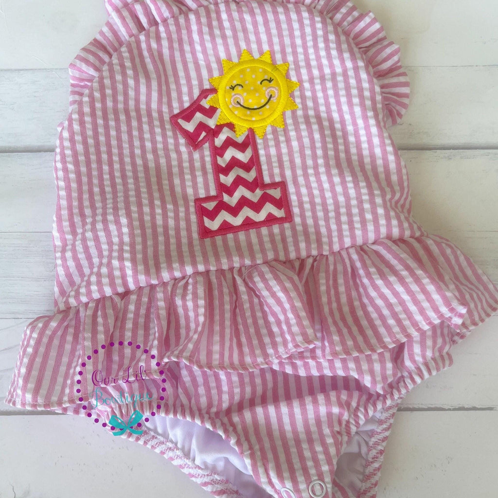 Monogrammed Seersucker Bathing Suit - Baby Toddler Swimsuit - Custom Birthday Bathing Suits - You Choose Theme