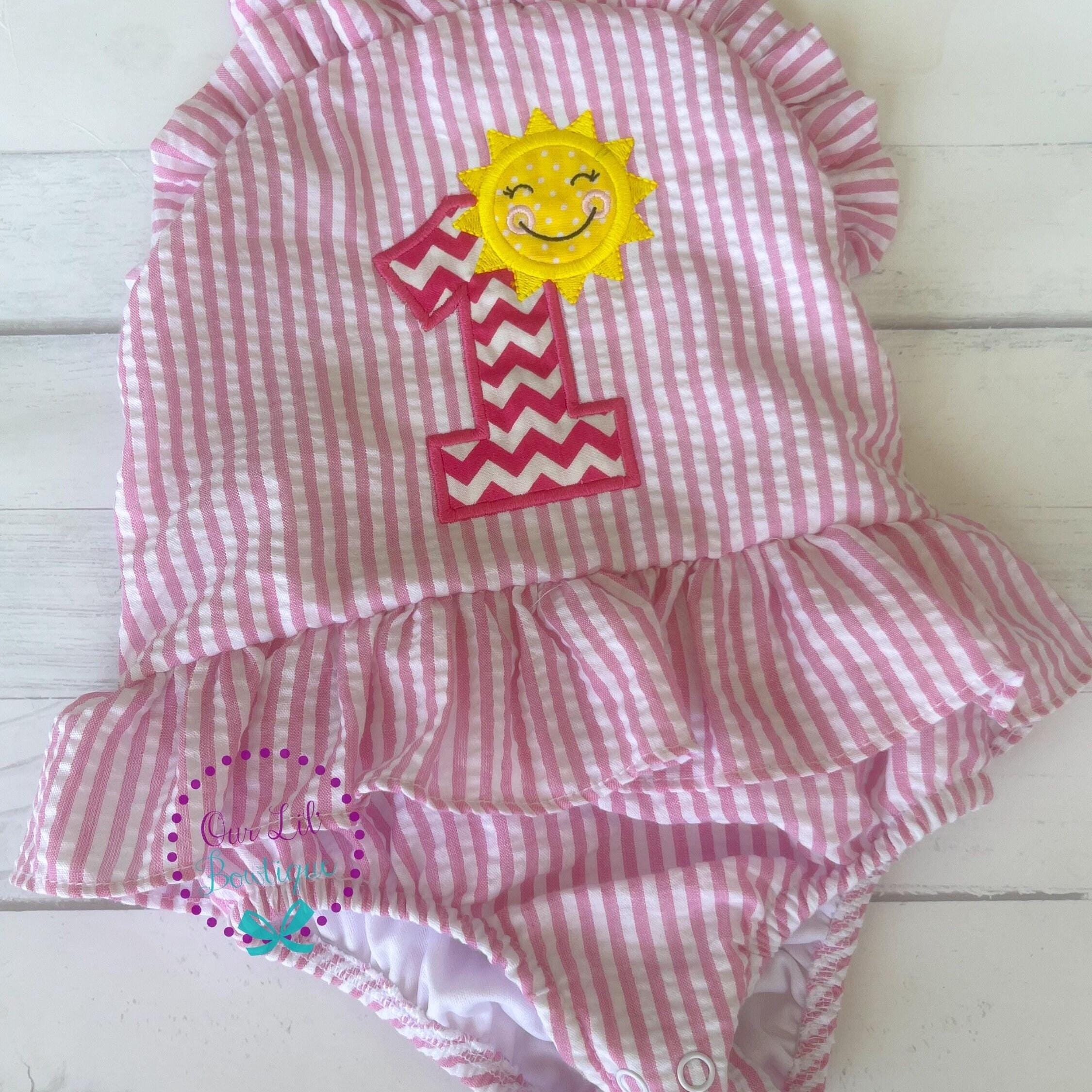 Monogrammed Seersucker Bathing Suit - Baby Toddler Swimsuit - Custom Birthday Bathing Suits - You Choose Theme