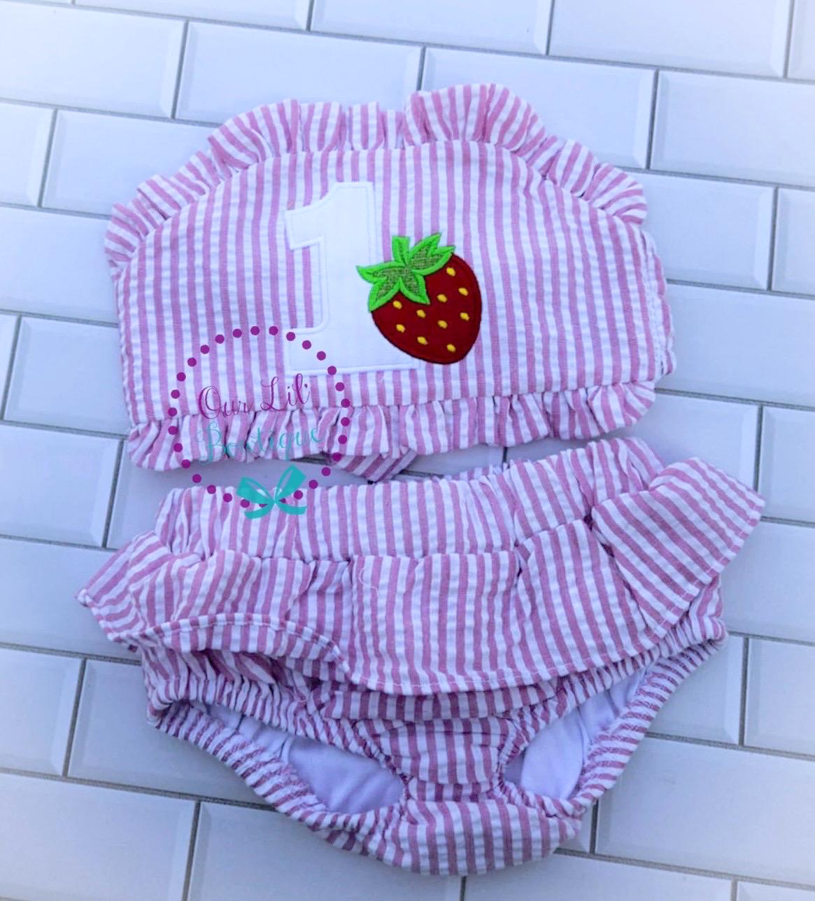 Strawberry Bathing Suit - Monogrammed Seersucker Bathing Suit - Bathing Suit - Baby - Toddler - Pool Party Bathing Suit - Gingham