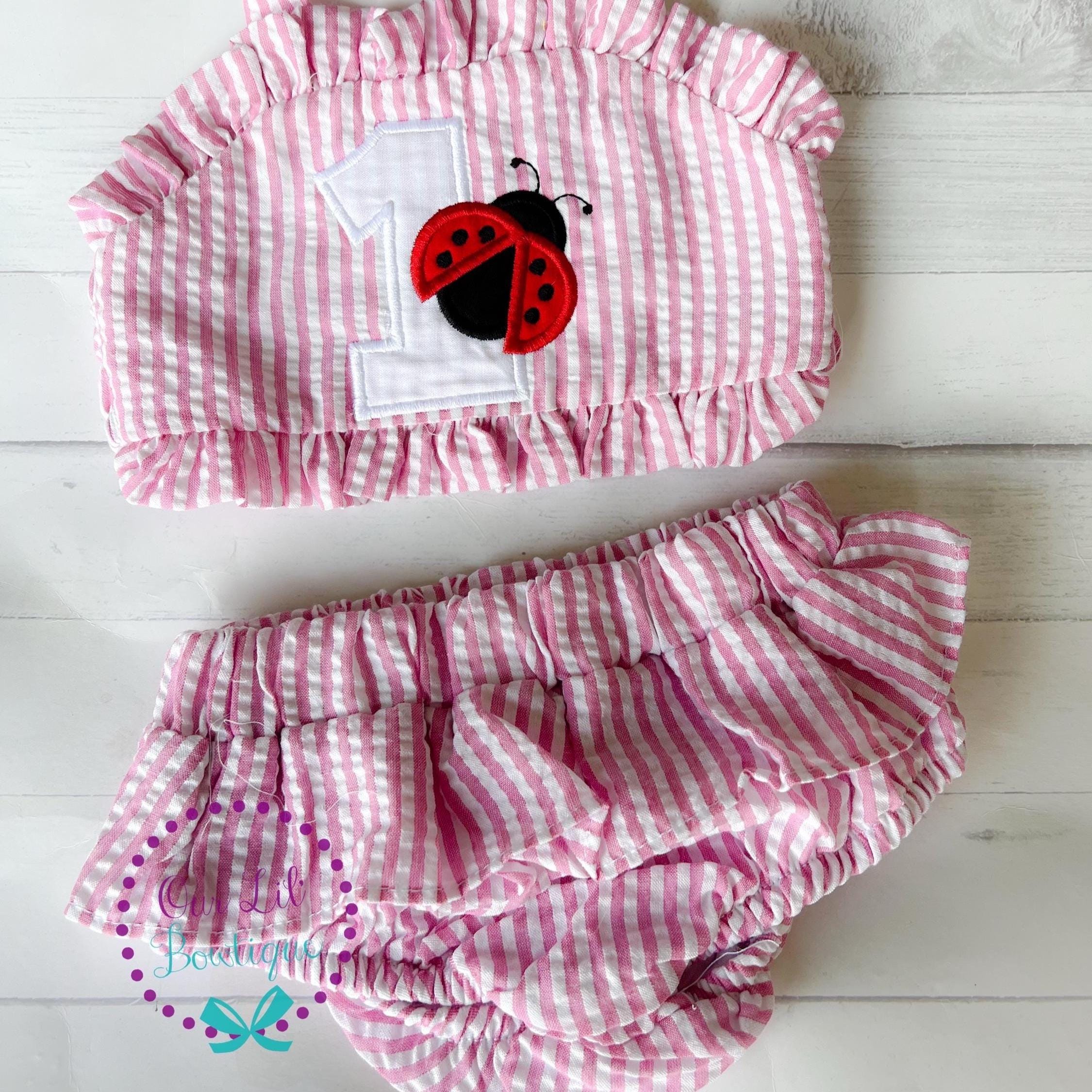 Monogrammed Seersucker Ladybug Bathing Suit: Baby Toddler Swimsuit