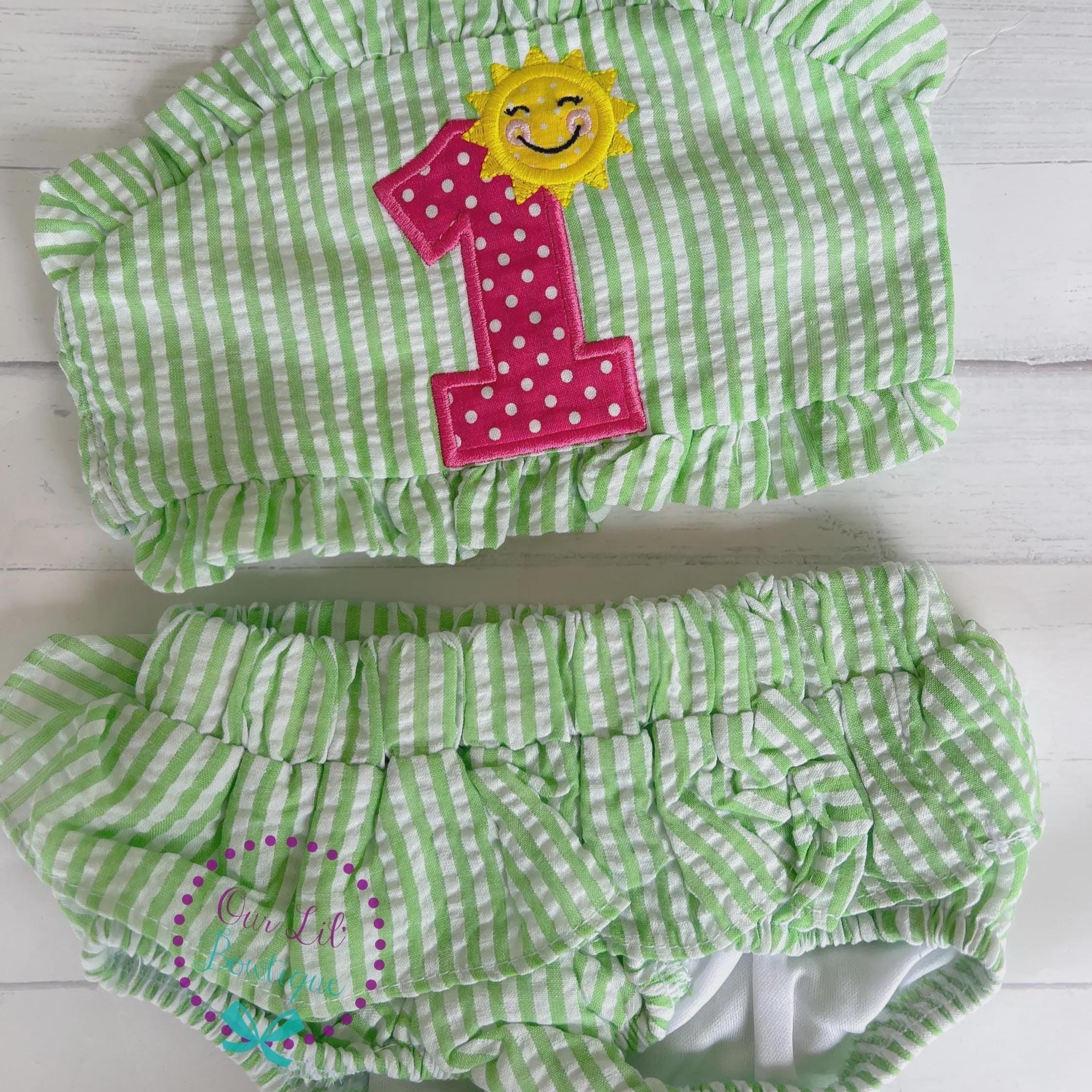 Monogrammed Sunshine Bathing Suit - Baby Toddler Swimsuit - Gingham - Birthday - One in the Sun
