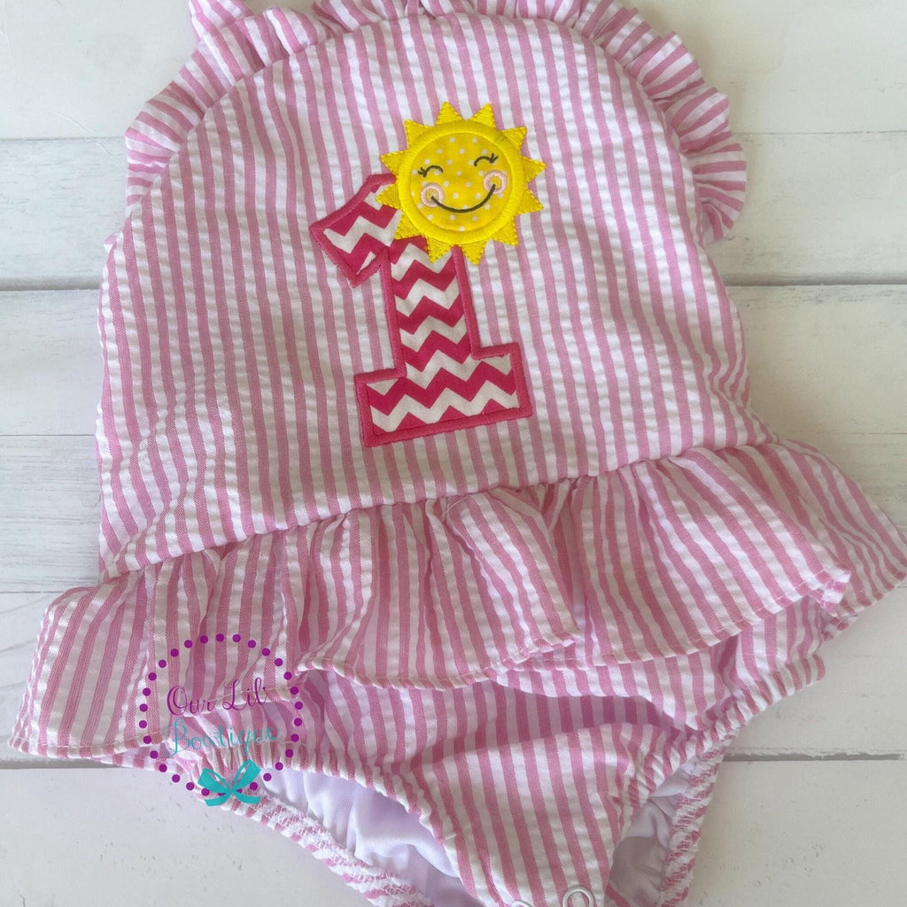 Monogrammed Sunshine Bathing Suit - Baby Toddler Swimsuit - Gingham - Birthday - One in the Sun