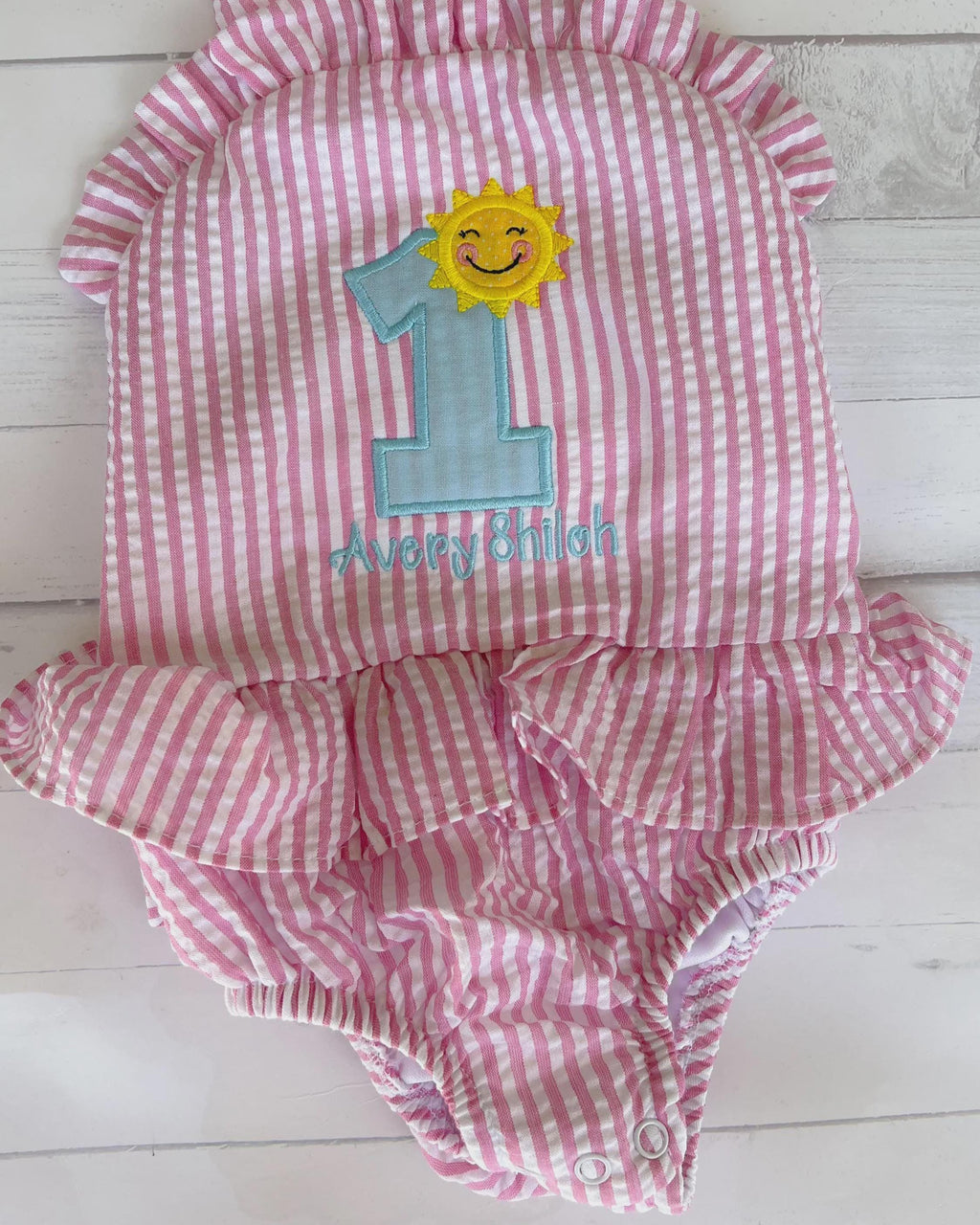 Monogrammed Sunshine Bathing Suit - Baby Toddler Swimsuit - Gingham - Birthday - One in the Sun
