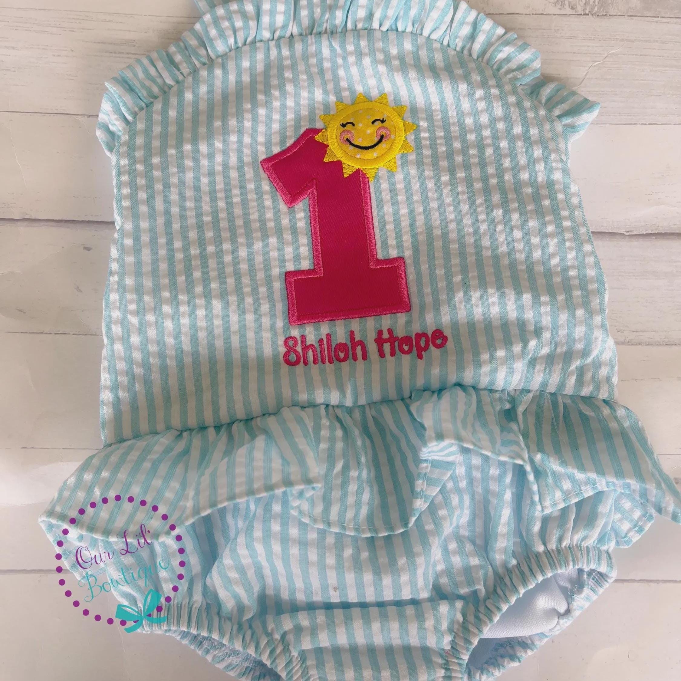 Monogrammed Sunshine Bathing Suit - Baby Toddler Swimsuit - Gingham - Birthday - One in the Sun