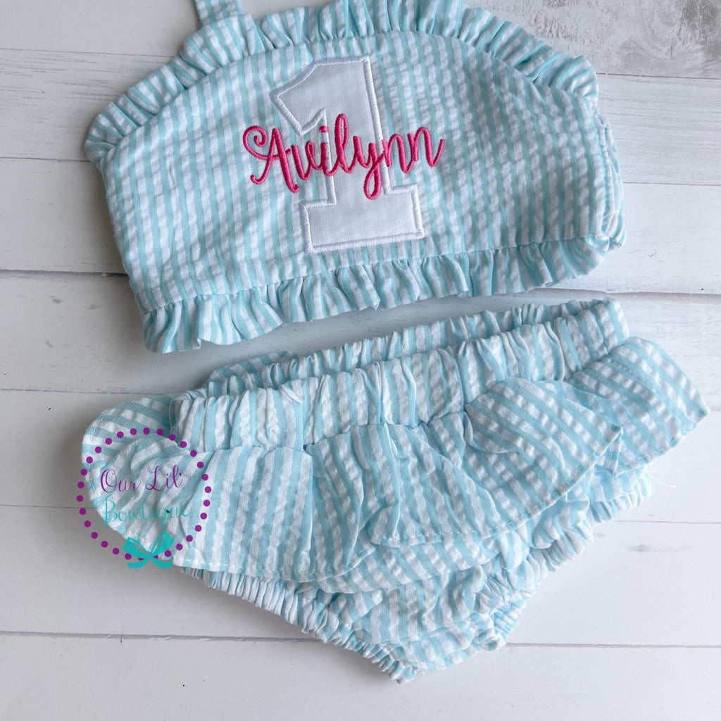 Monogrammed Seersucker Bathing Suit: Baby Toddler Swimsuit - Birthday Bathing Suit