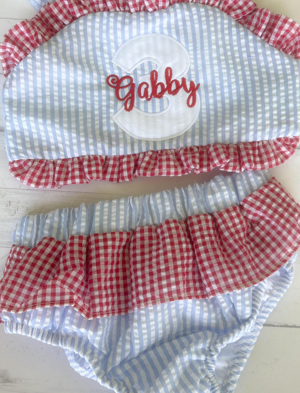 Monogrammed Seersucker Bathing Suit: Baby Toddler Swimsuit - Birthday Bathing Suit