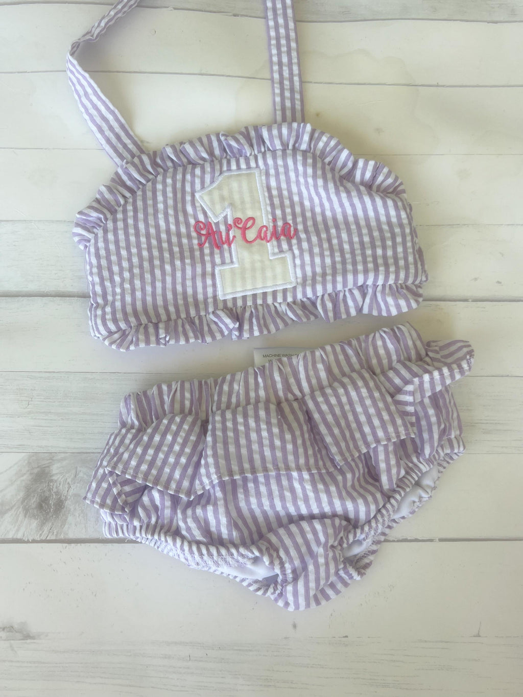 Monogrammed Seersucker Bathing Suit: Baby Toddler Swimsuit - Birthday Bathing Suit