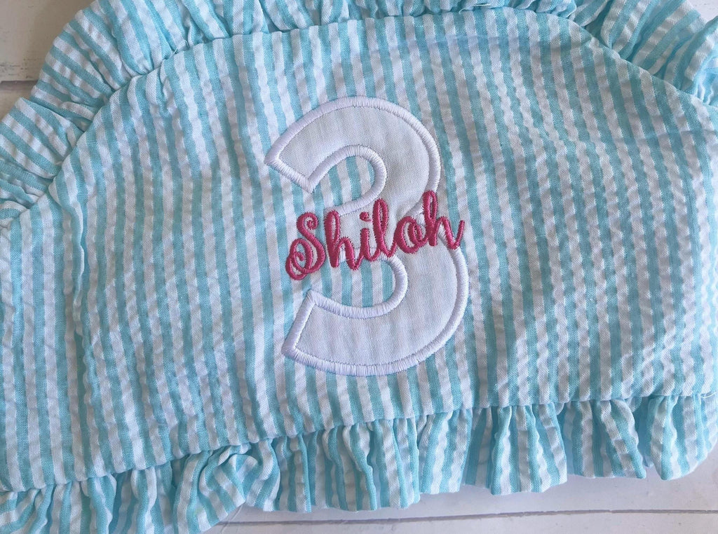 Monogrammed Seersucker Bathing Suit: Baby Toddler Swimsuit - Birthday Bathing Suit