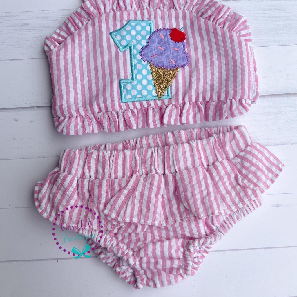 Ice Cream Bathing Suit - Monogrammed Seersucker Bathing Suit - Bathing Suit - Birthday Bathing Suit - Gingham