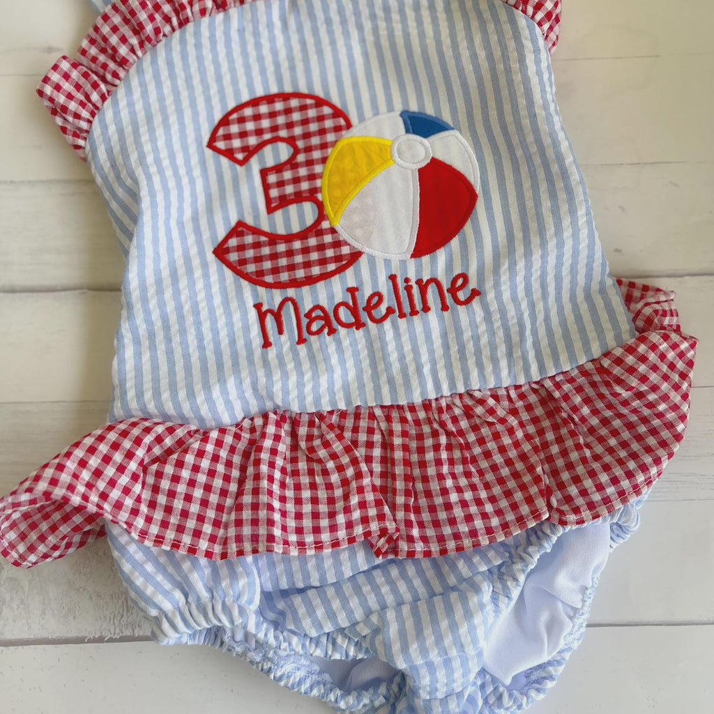 Beach Ball Bathing Suit - Monogrammed Seersucker Bathing Suit - Bathing Suit - Pool Party Bathing Suit - Gingham - One in the Sun