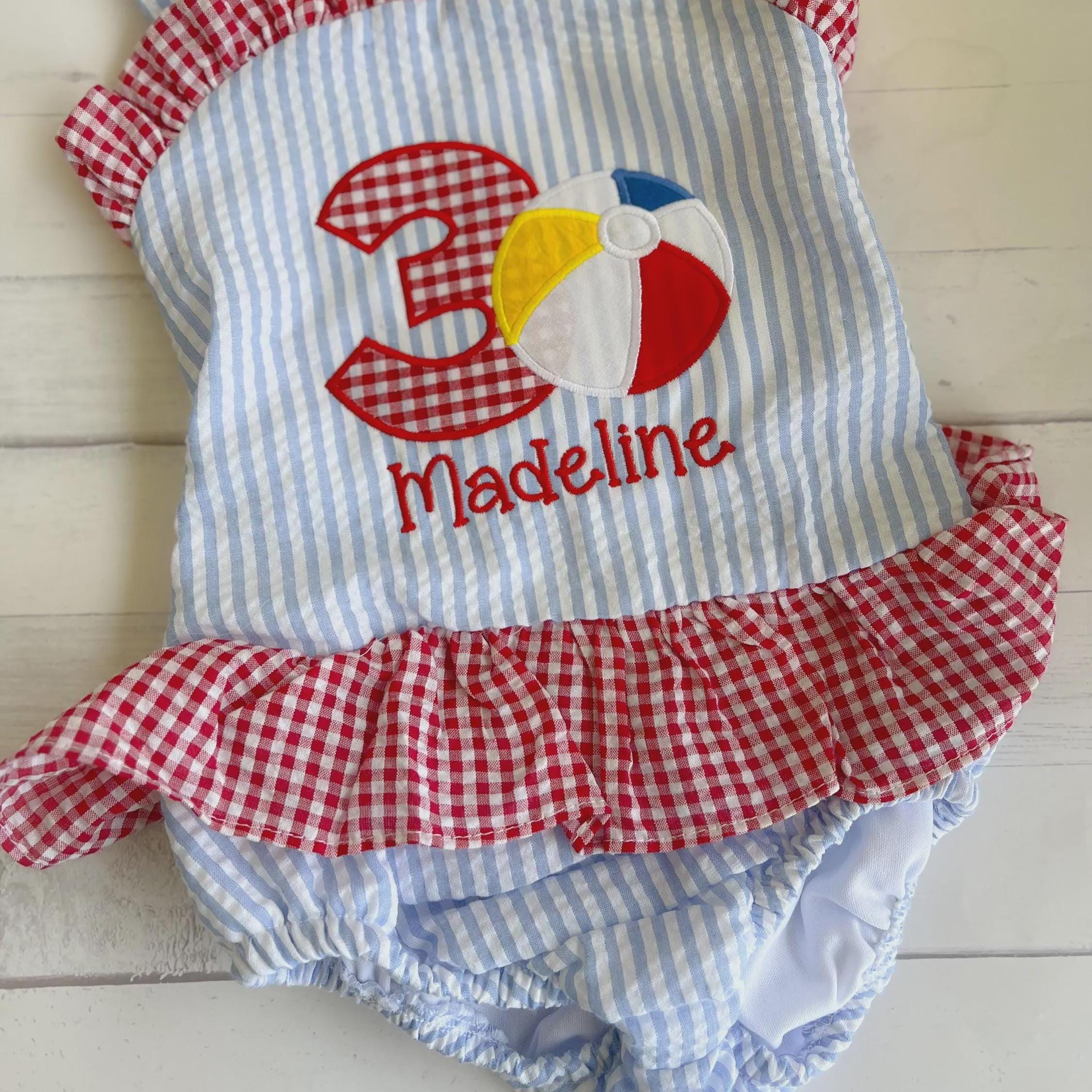 Beach Ball Bathing Suit - Monogrammed Seersucker Bathing Suit - Bathing Suit - Pool Party Bathing Suit - Gingham - One in the Sun