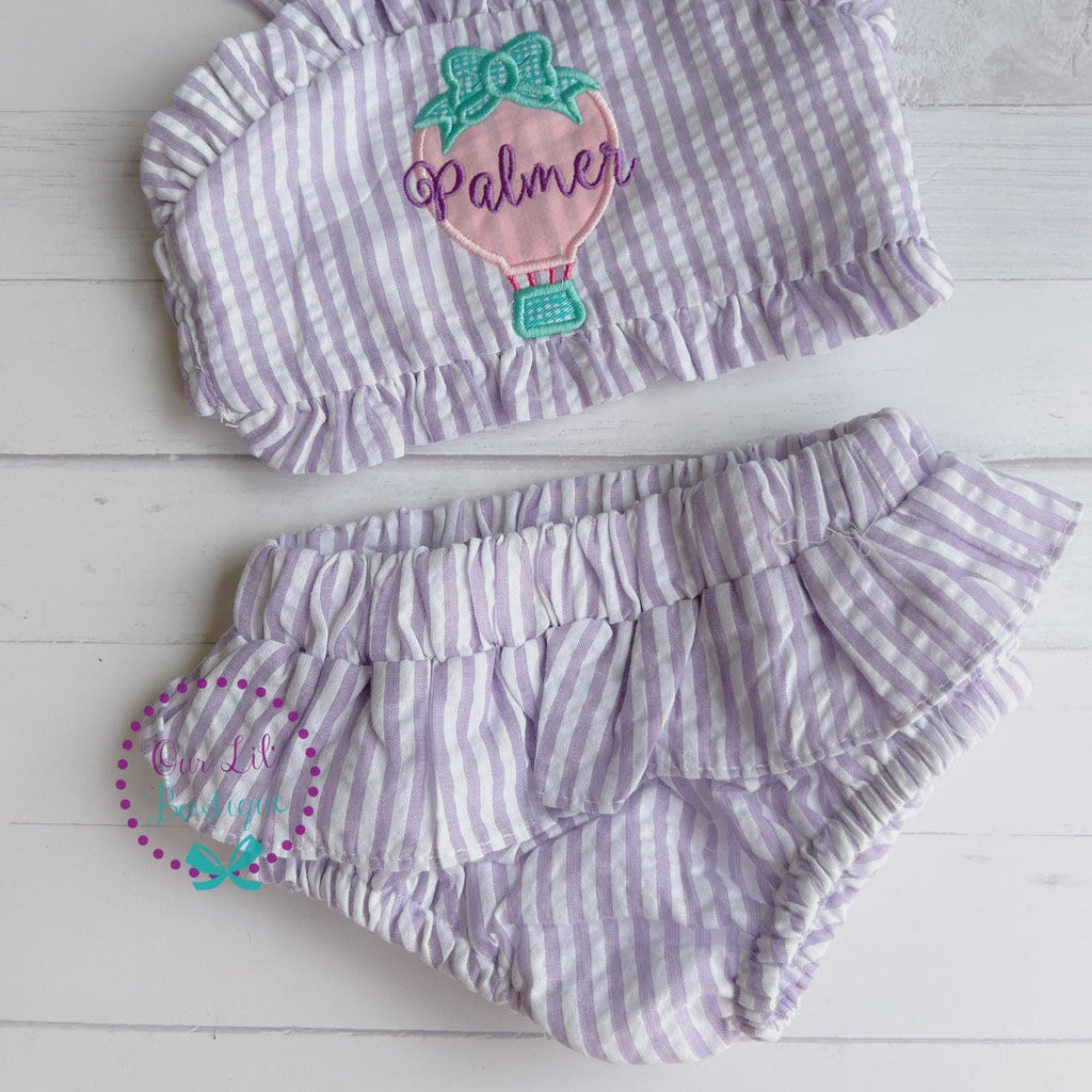 Monogrammed Seersucker Bathing Suit - Baby Toddler Swimsuit - Custom Birthday Bathing Suits - You Choose Theme