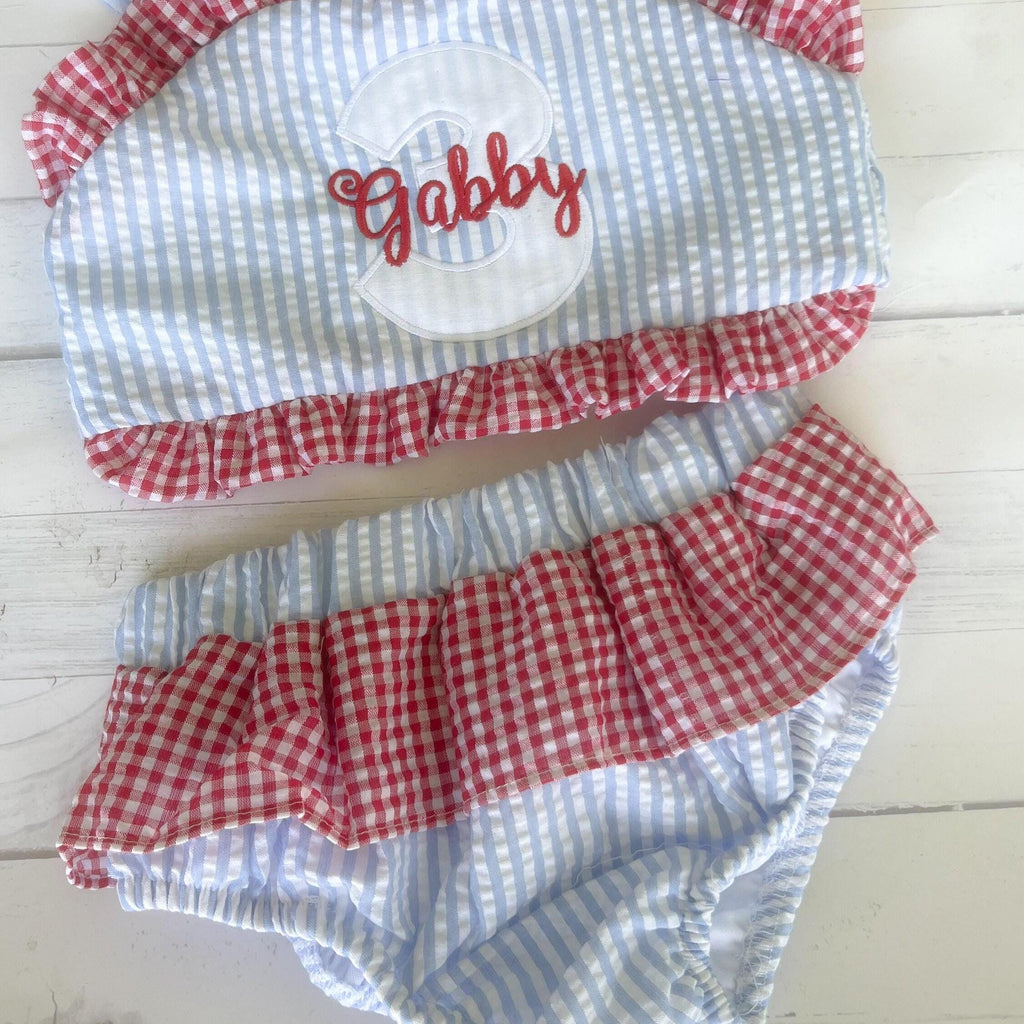 Monogrammed Seersucker Bathing Suit - Baby Toddler Swimsuit - Custom Birthday Bathing Suits - You Choose Theme
