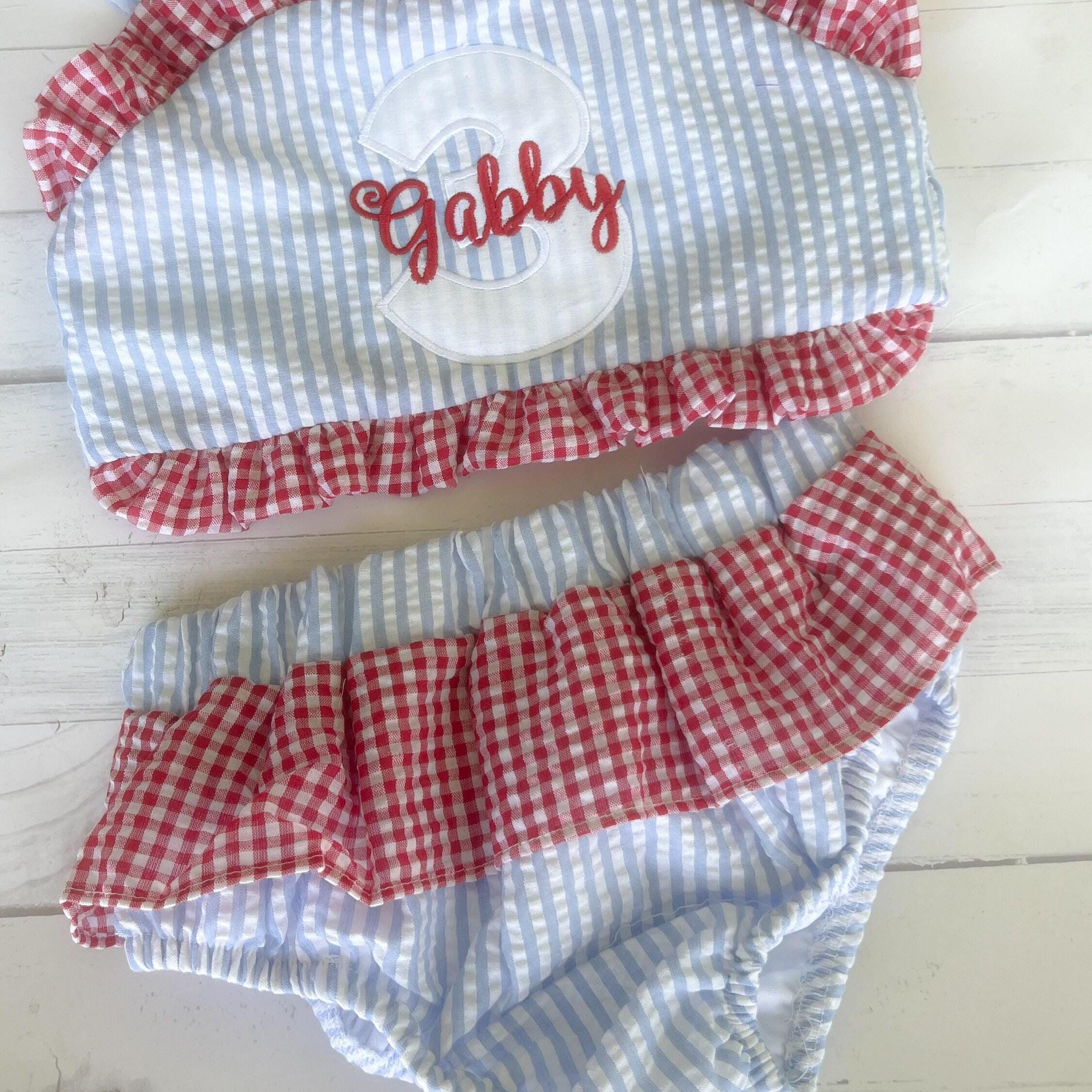 Monogrammed Seersucker Bathing Suit - Baby Toddler Swimsuit - Custom Birthday Bathing Suits - You Choose Theme