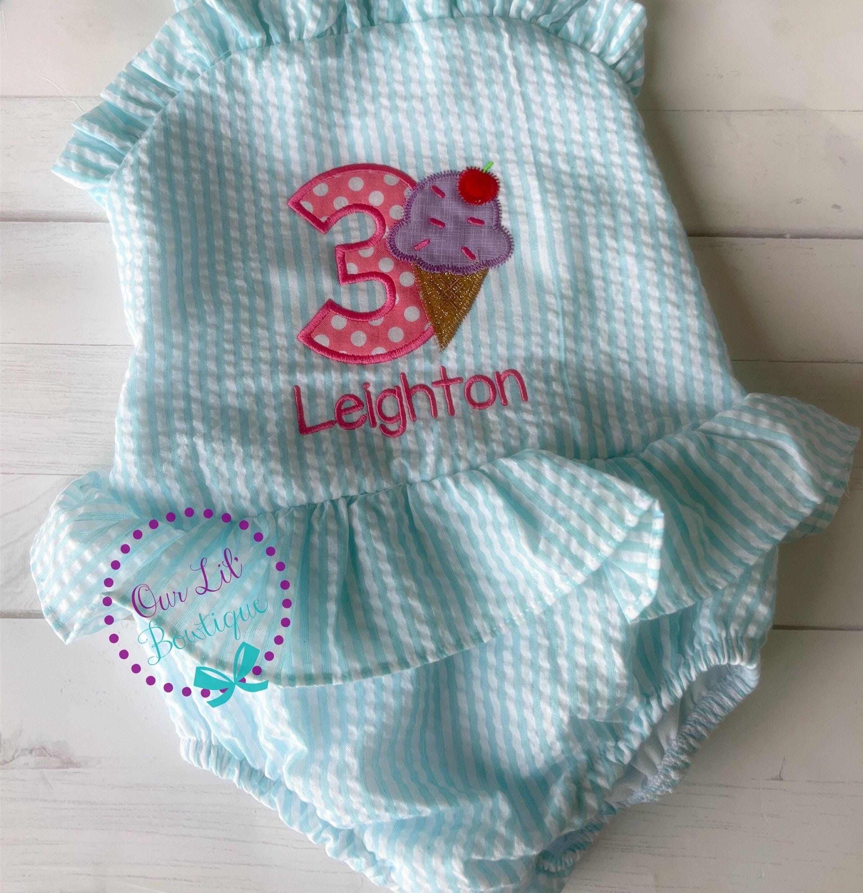 Monogrammed Seersucker Bathing Suit - Baby Toddler Swimsuit - Custom Birthday Bathing Suits - You Choose Theme
