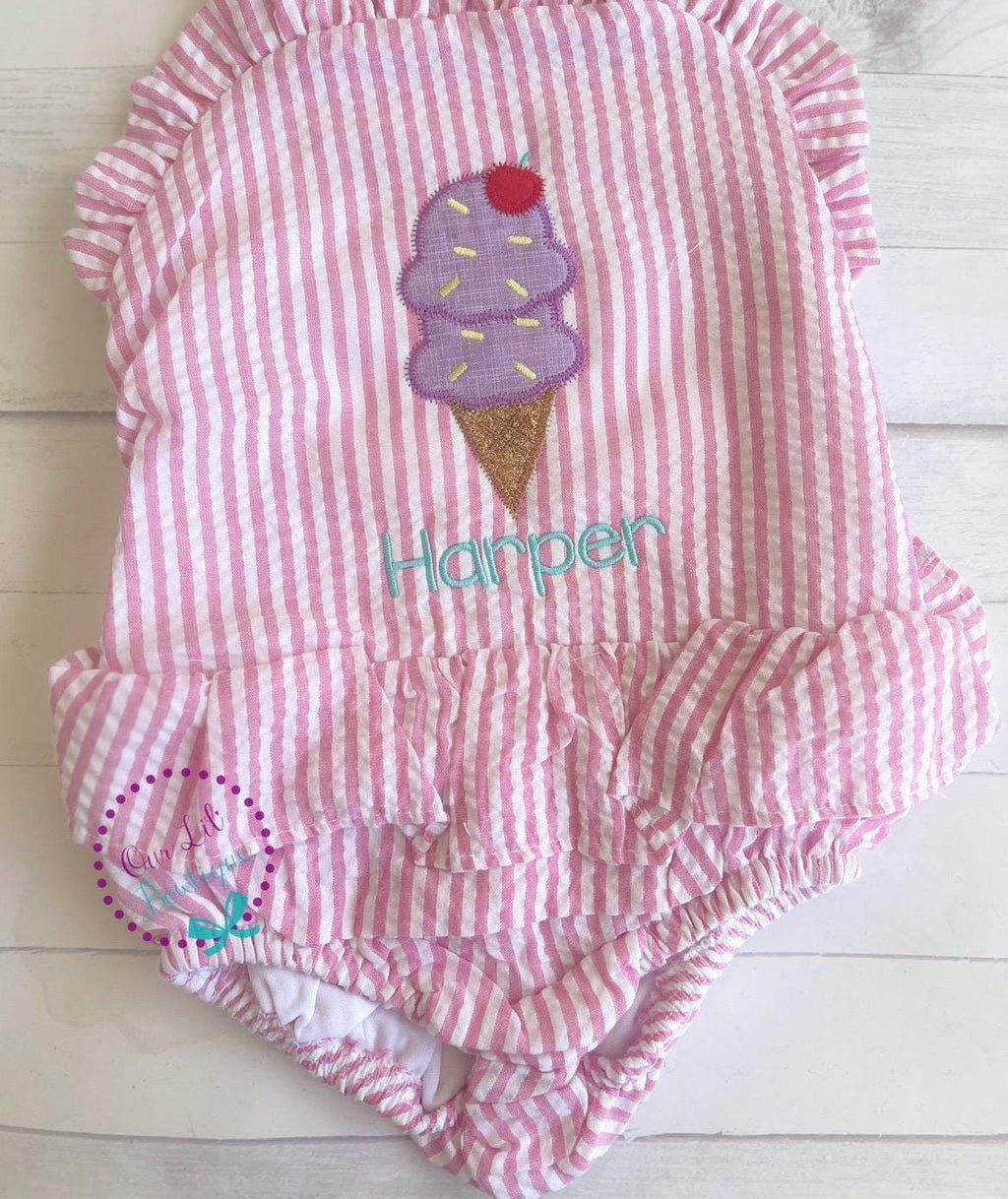 Ice Cream Bathing Suit - Monogrammed Seersucker Bathing Suit - Bathing Suit - Birthday Bathing Suit - Gingham