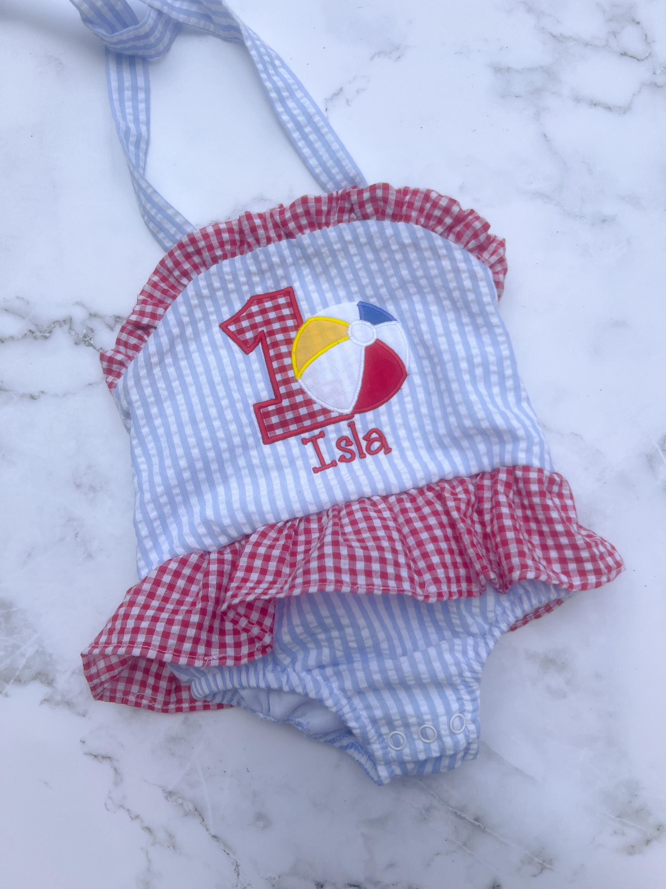 Beach Ball Bathing Suit - Monogrammed Seersucker Bathing Suit - Bathing Suit - Pool Party Bathing Suit - Gingham - One in the Sun