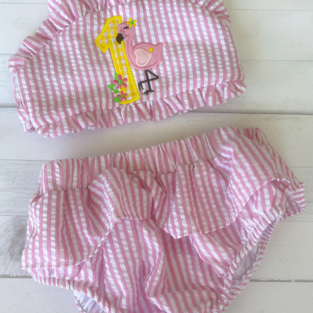 Monogrammed Seersucker Bathing Suit - Baby Toddler Swimsuit - Custom Birthday Bathing Suits - You Choose Theme