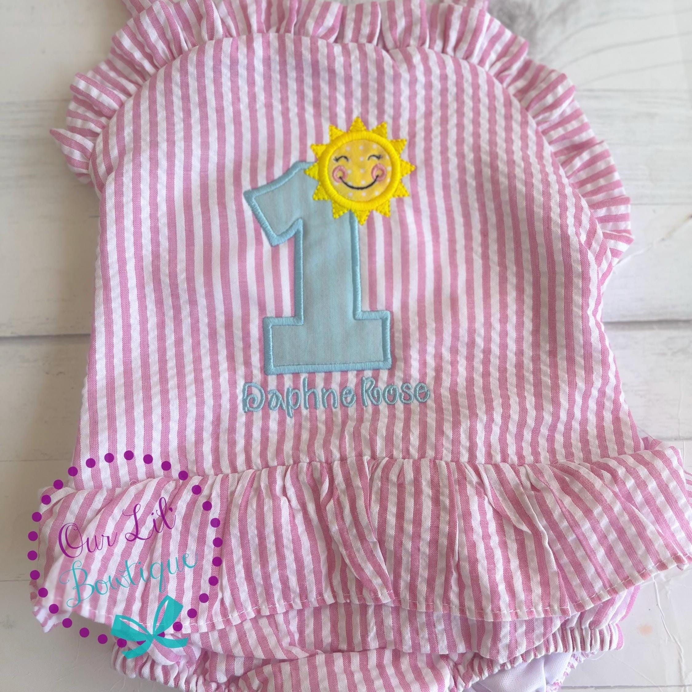 Monogrammed Seersucker Bathing Suit - Baby Toddler Swimsuit - Custom Birthday Bathing Suits - You Choose Theme