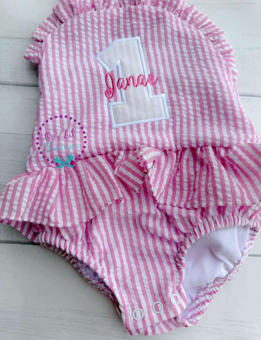 Monogrammed Seersucker Bathing Suit: Baby Toddler Swimsuit - Birthday Bathing Suit