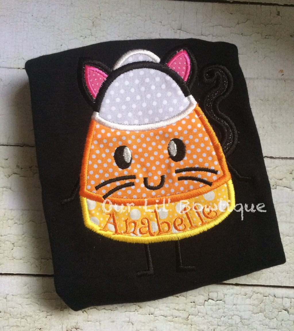 Candy Corn Cat Halloween Shirt: Girls Personalized Applique Top