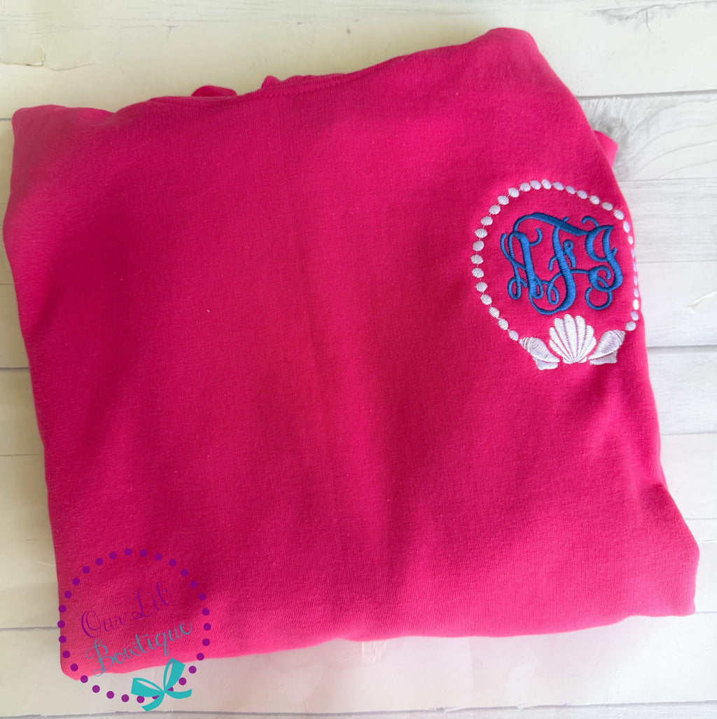 Seashell Monogram Comfort Colors Tee: Women's Pocket T-Shirt